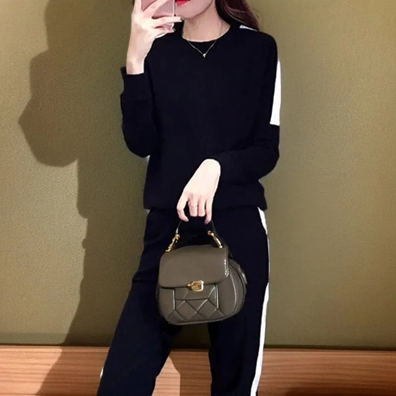 2 Pcs Women's Long Sleeve Colorblock/ Stitching Color Pants Set 354819