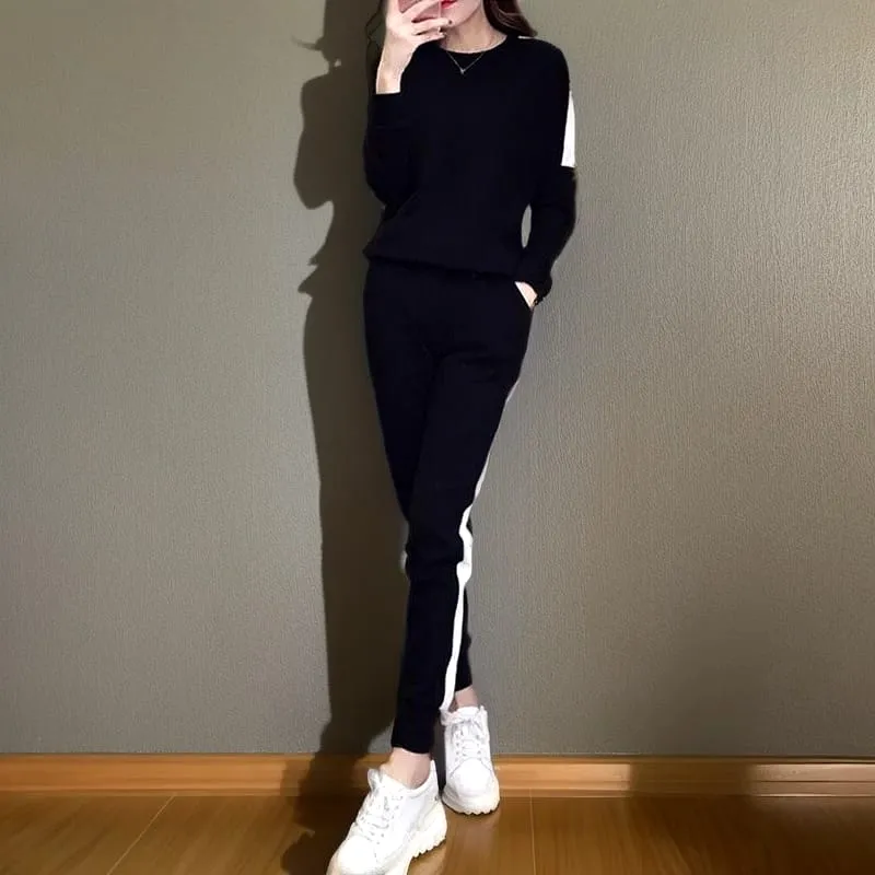 2 Pcs Women's Long Sleeve Colorblock/ Stitching Color Pants Set 354819