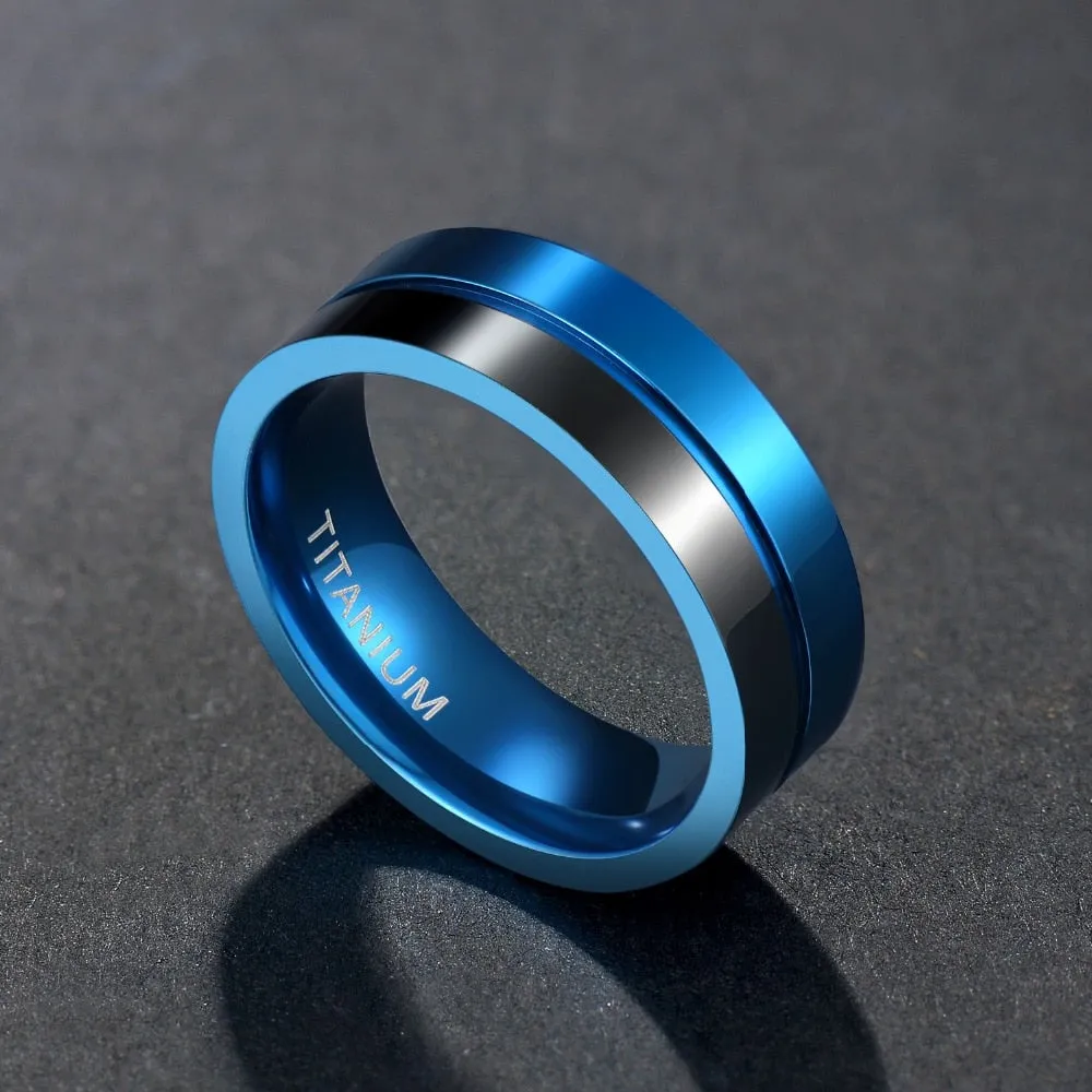 7mm Polished Blue and Black Grooved Titanium Fashion Wedding Band