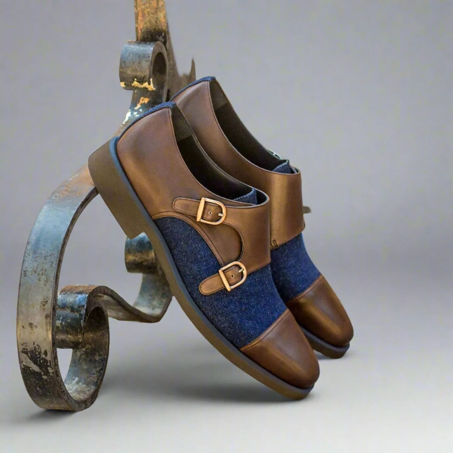 Ambrogio Bespoke Custom Men's Shoes Blue Jeans & Brown Fabric / Calf-Skin Leather Oxfords (AMB1894)