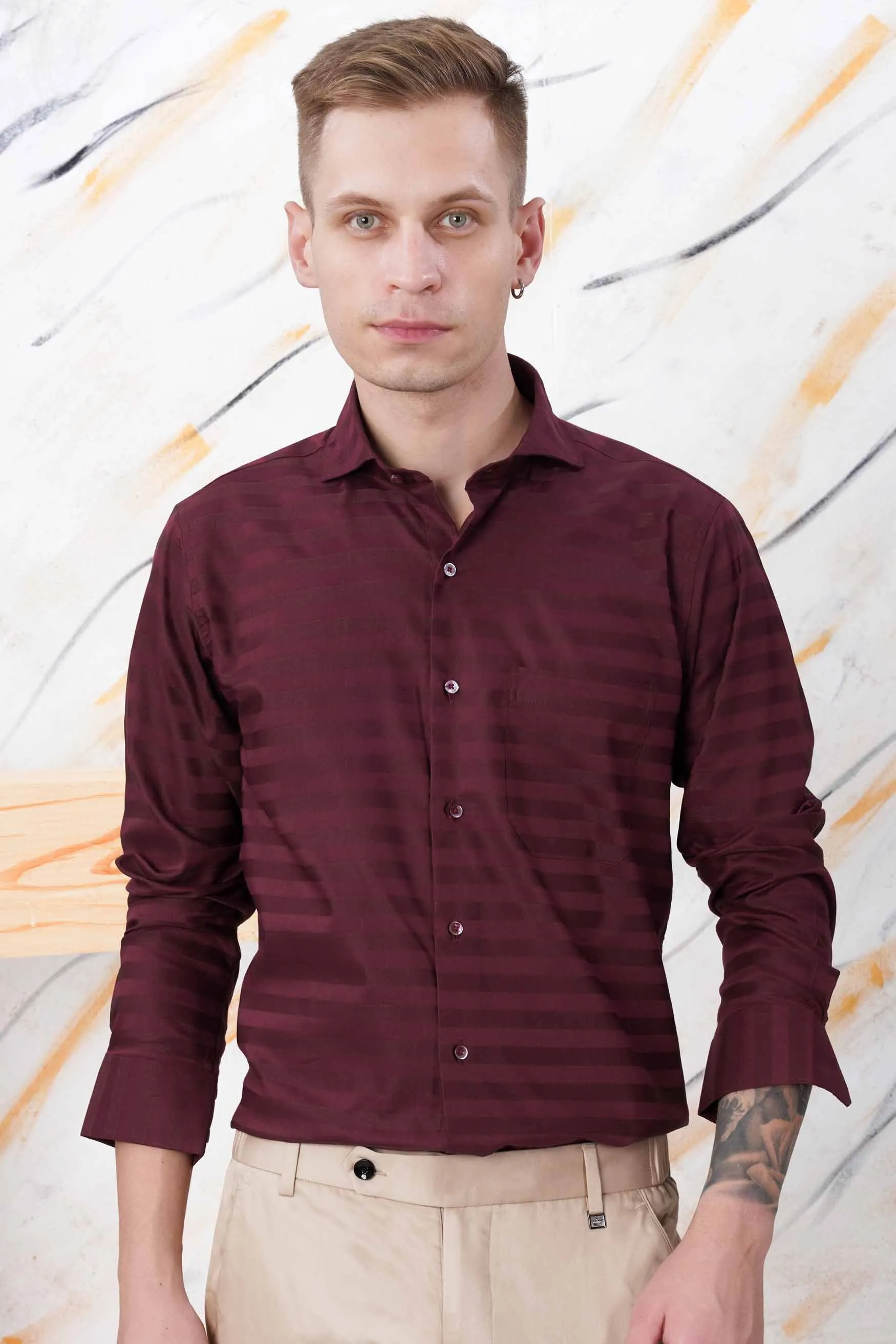 Barossa Maroon Striped Dobby Textured Premium Giza Cotton Shirt