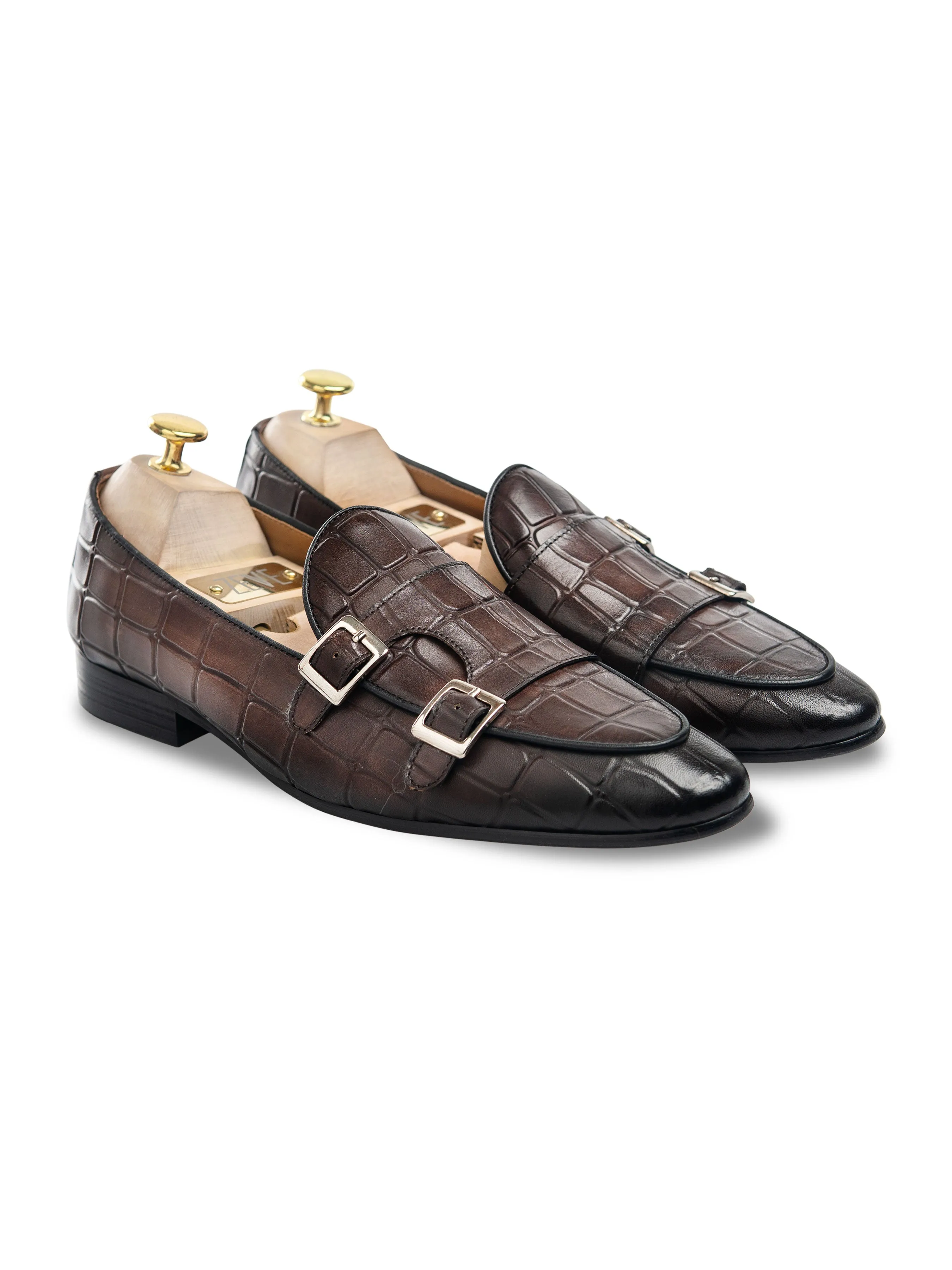 Belgian Loafer - Dark Brown Croco Double Monk Strap (Hand Painted Patina)