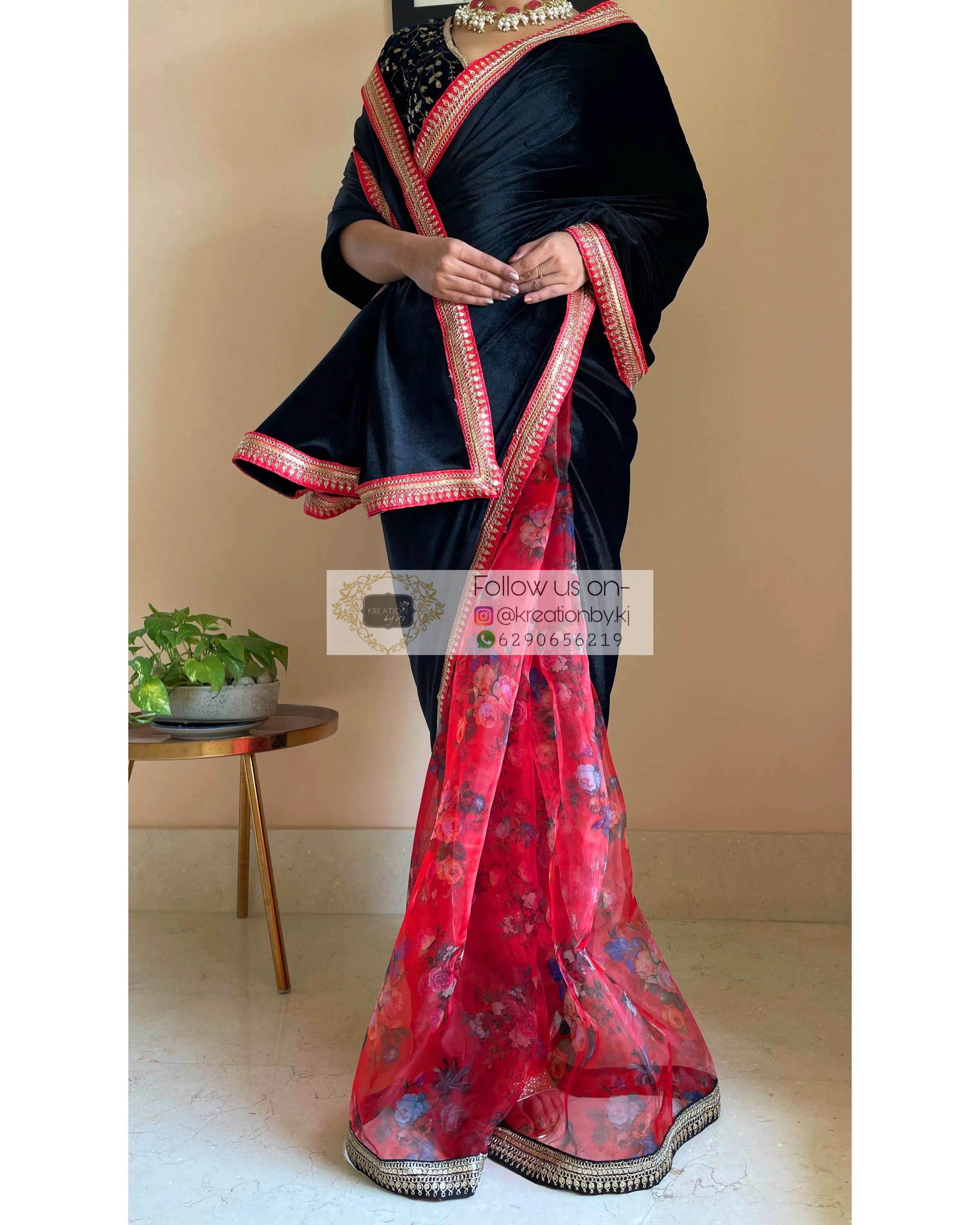 Black Floral Organza Velvet Saree