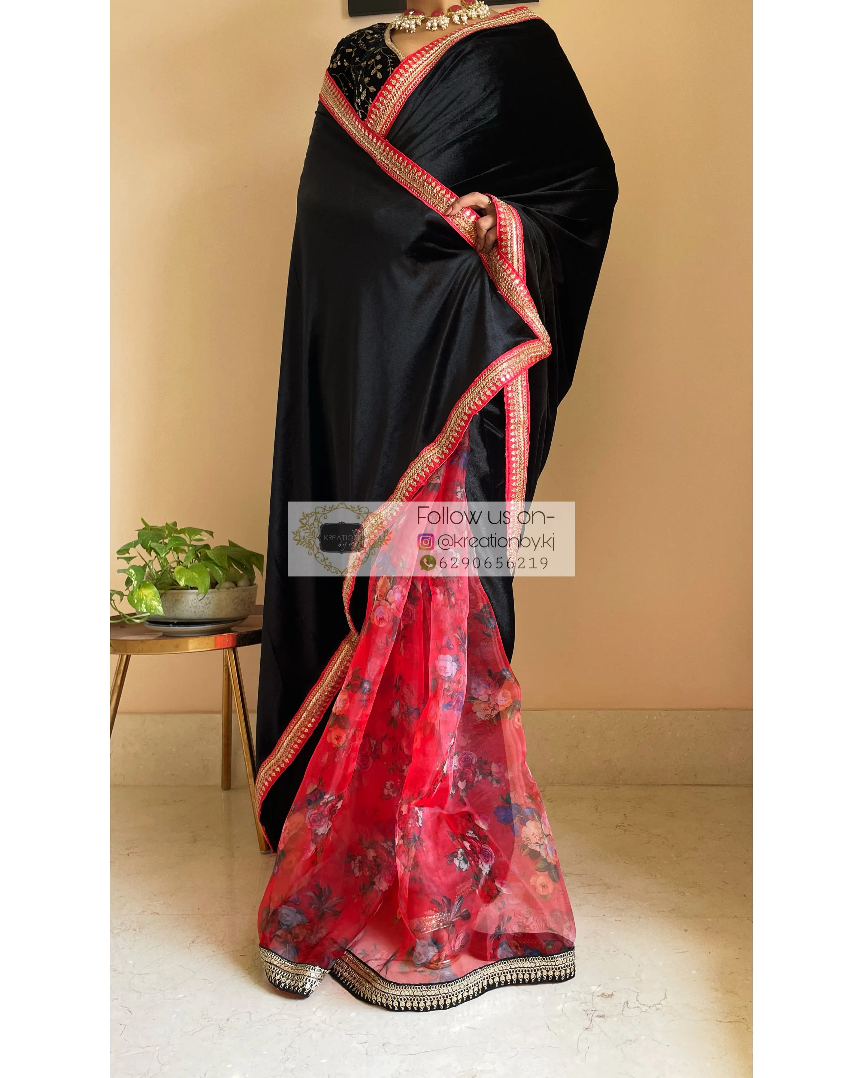 Black Floral Organza Velvet Saree