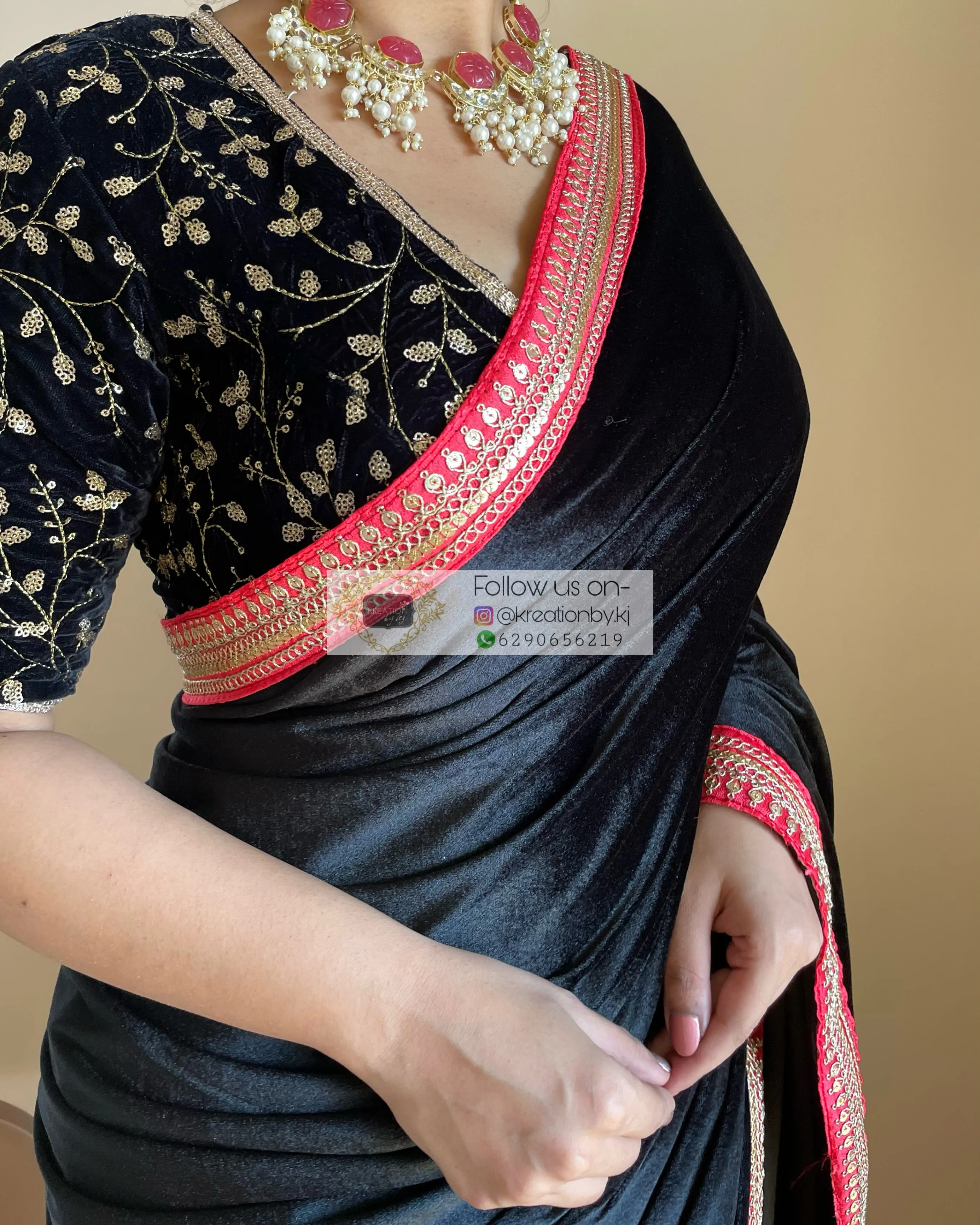 Black Floral Organza Velvet Saree