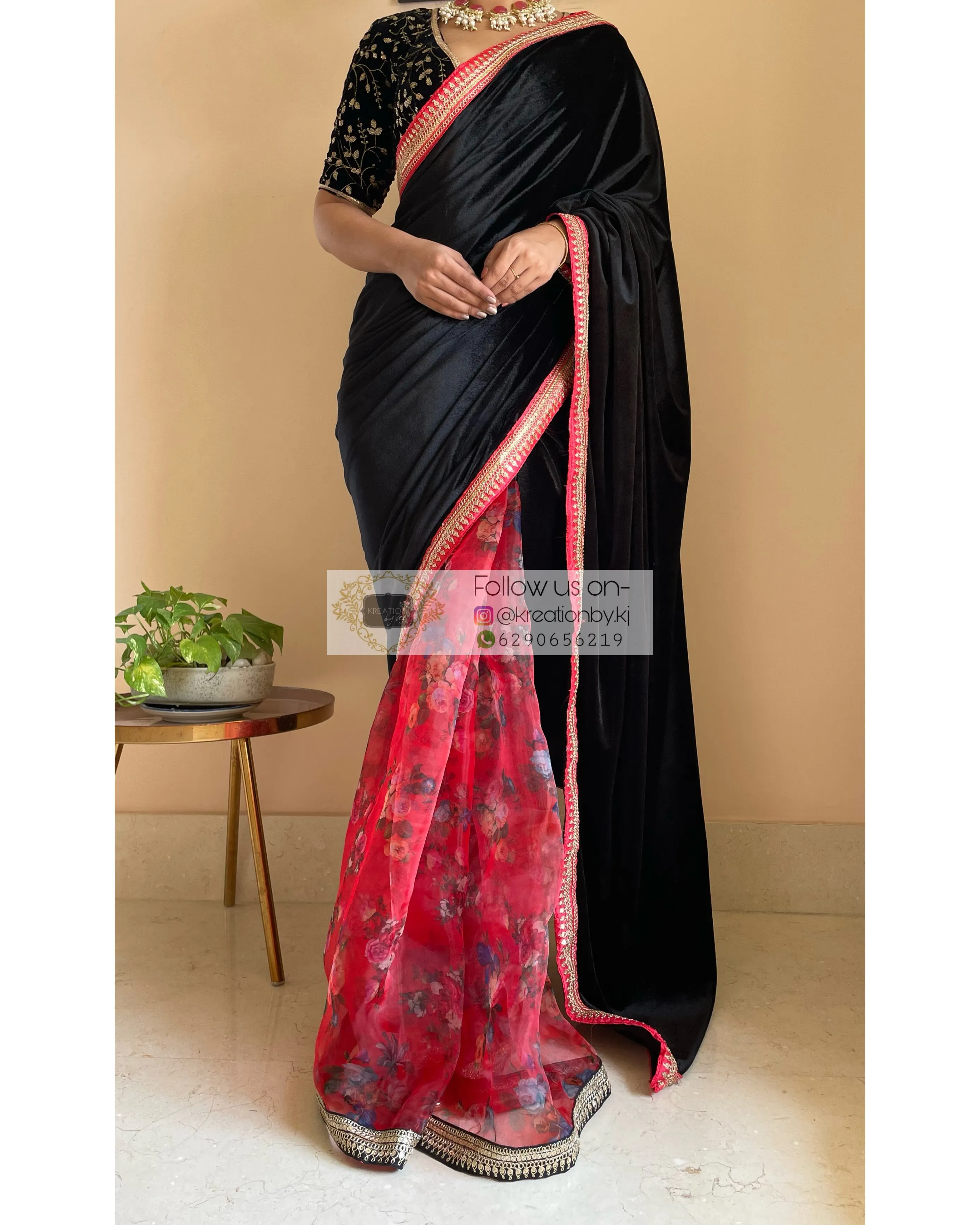 Black Floral Organza Velvet Saree