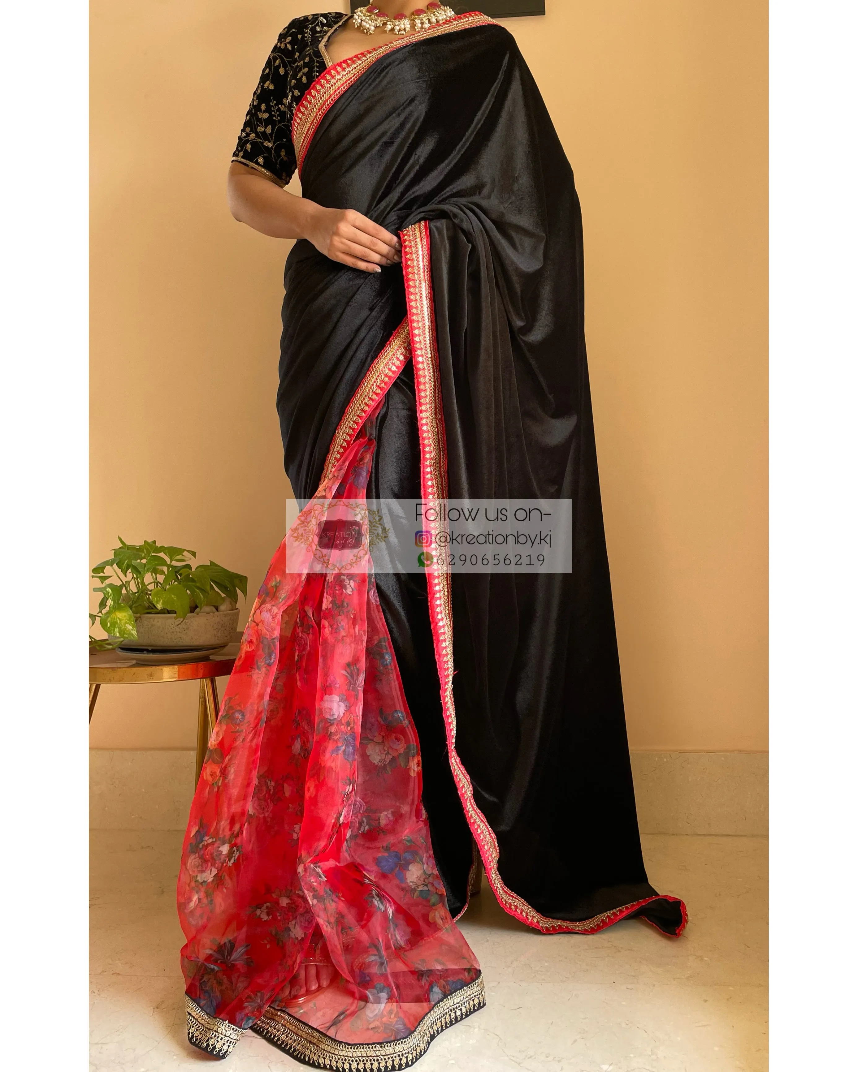 Black Floral Organza Velvet Saree