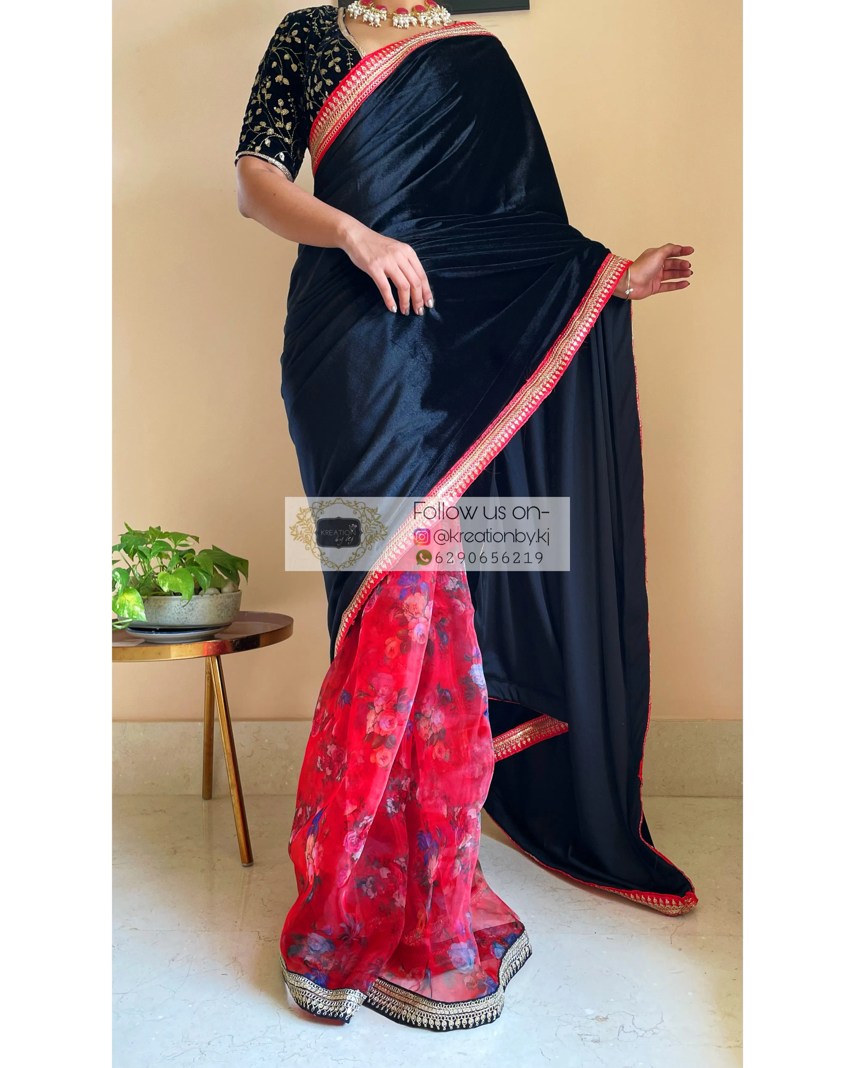 Black Floral Organza Velvet Saree