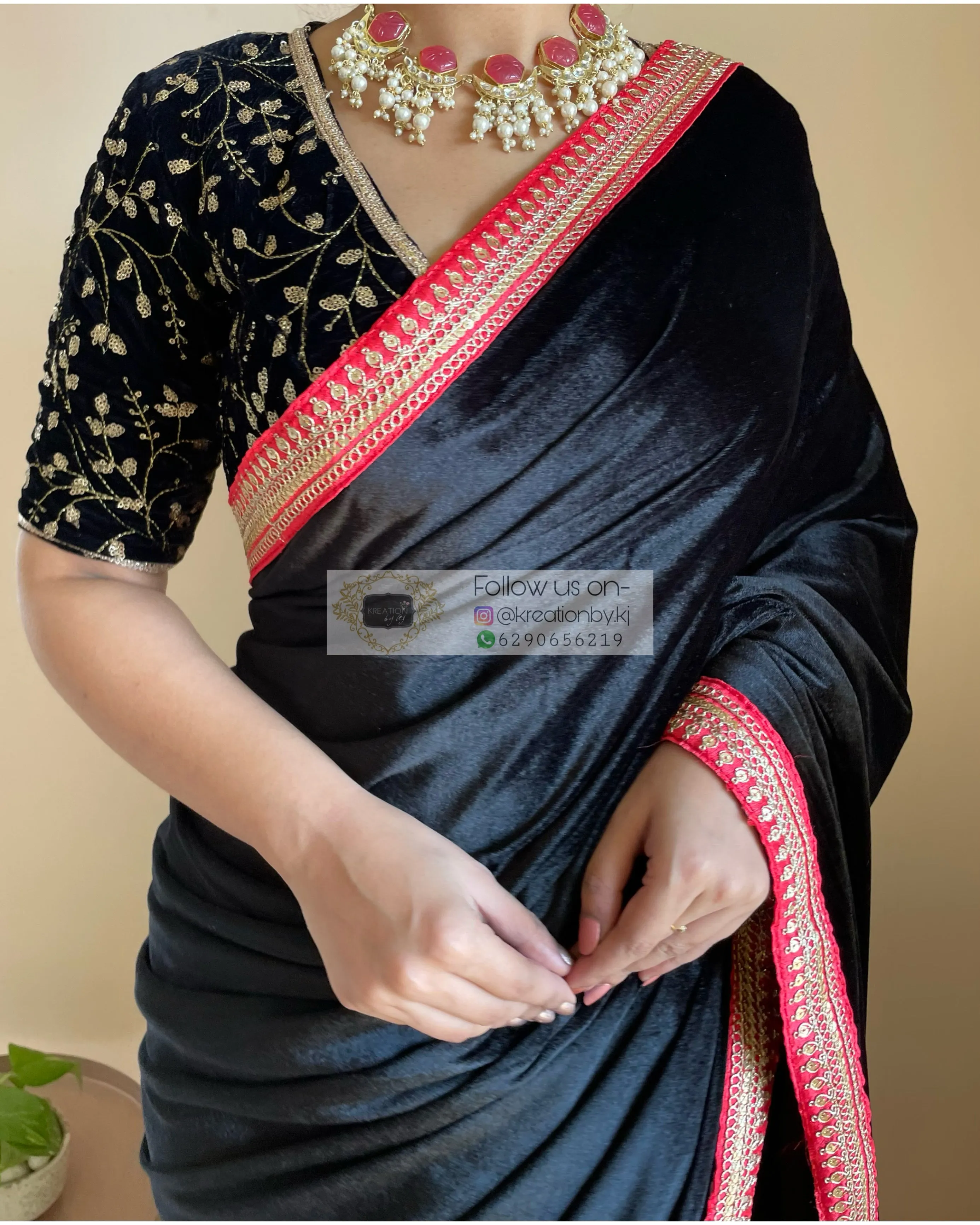 Black Floral Organza Velvet Saree