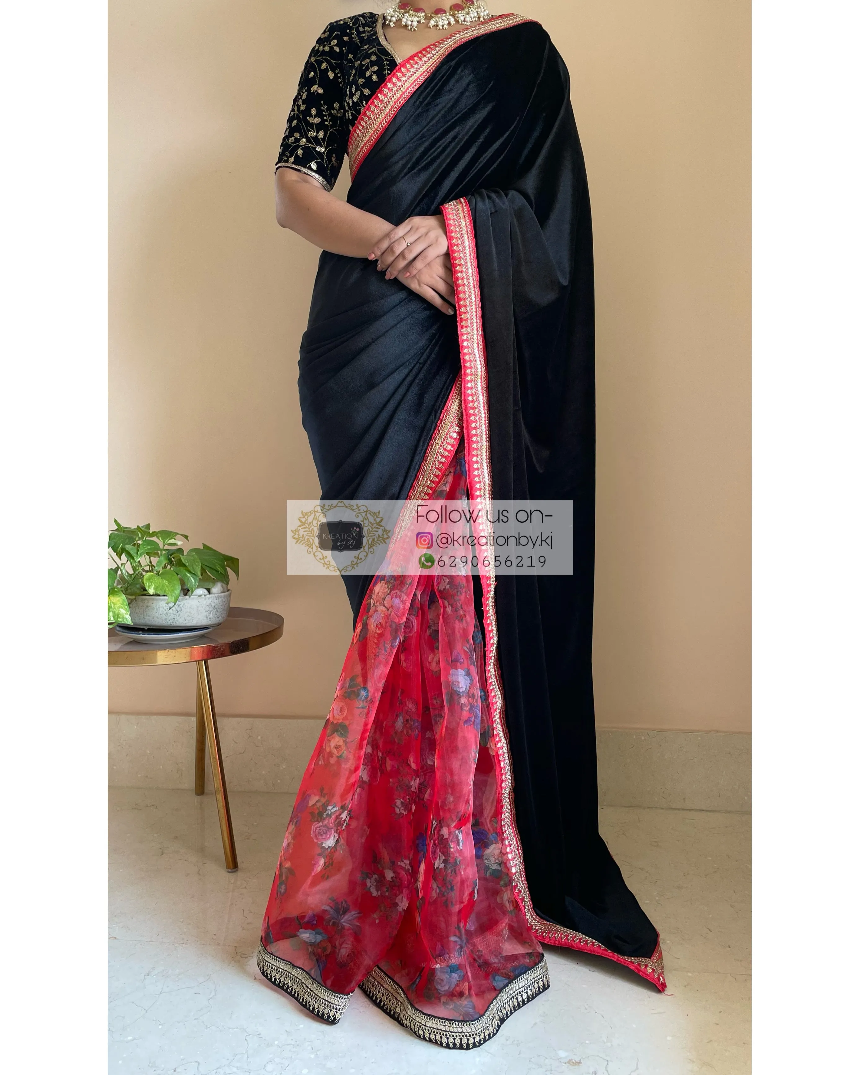 Black Floral Organza Velvet Saree