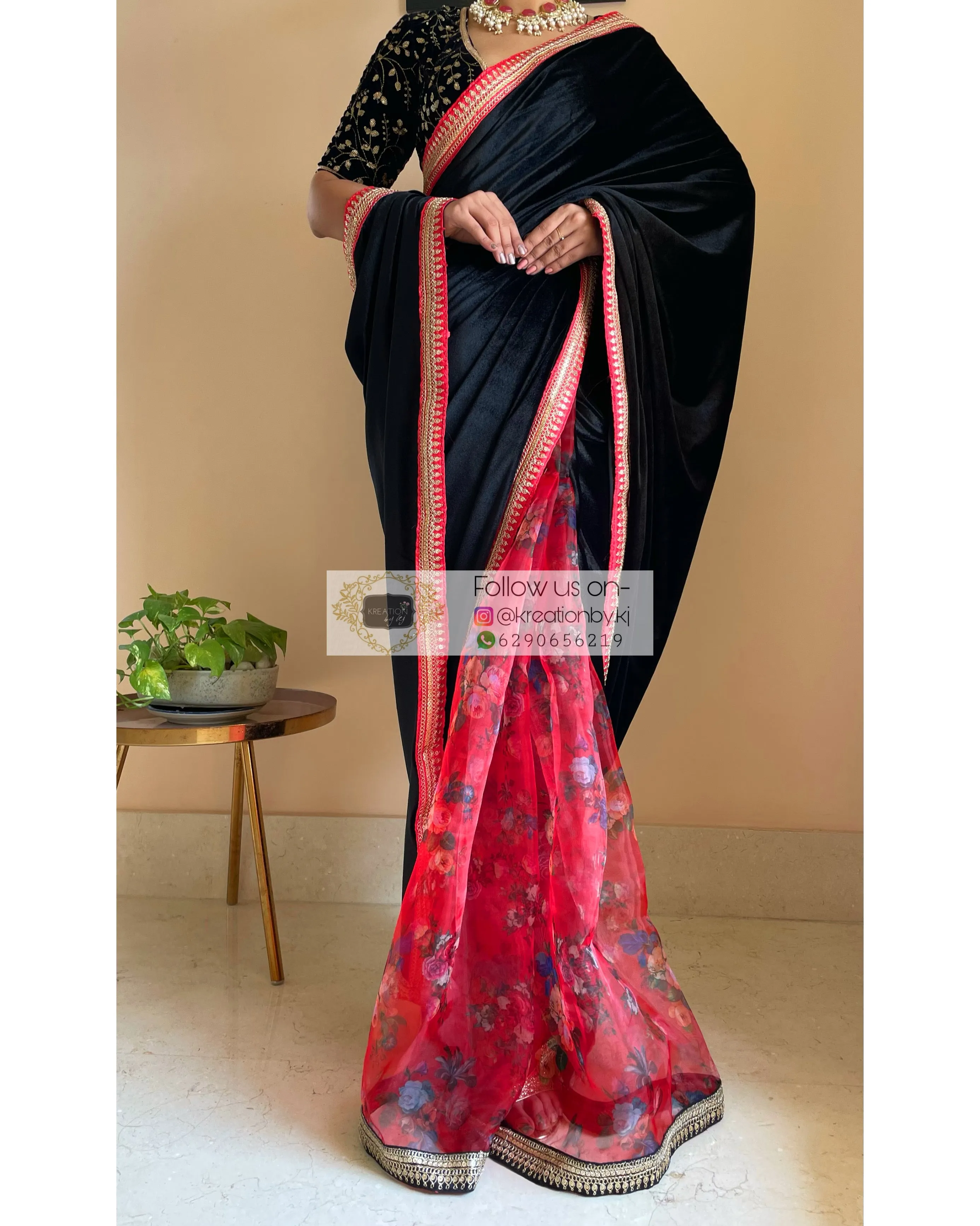 Black Floral Organza Velvet Saree