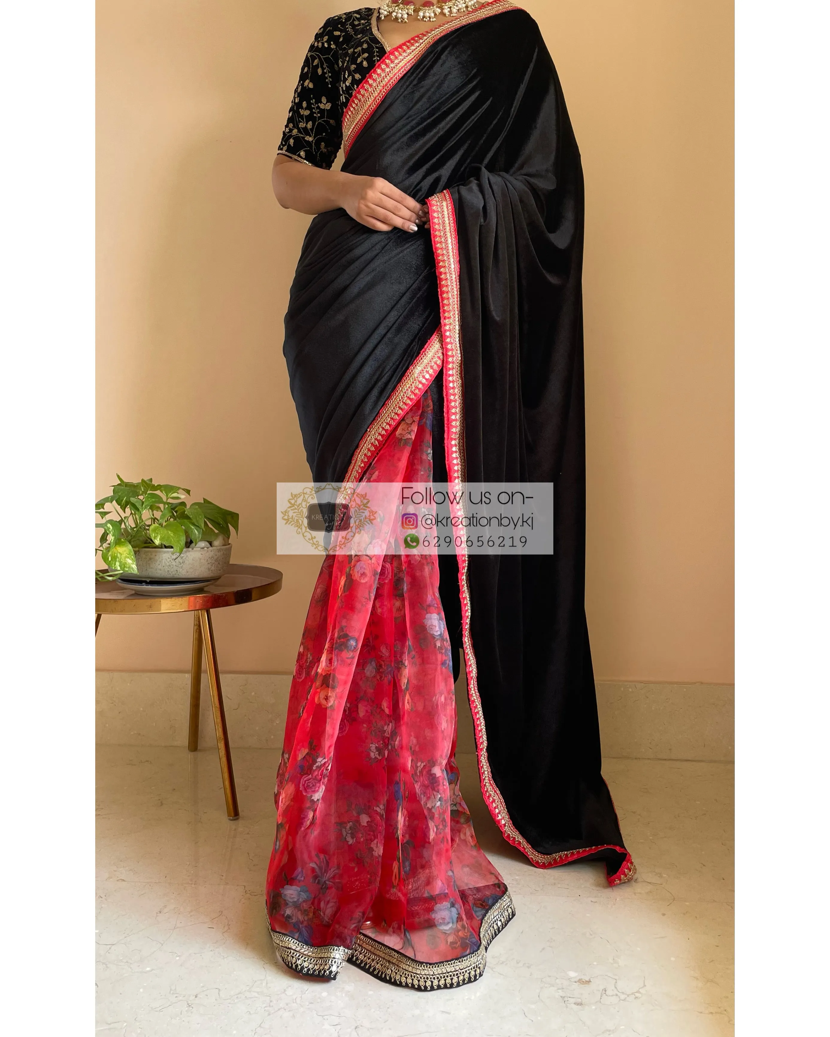 Black Floral Organza Velvet Saree