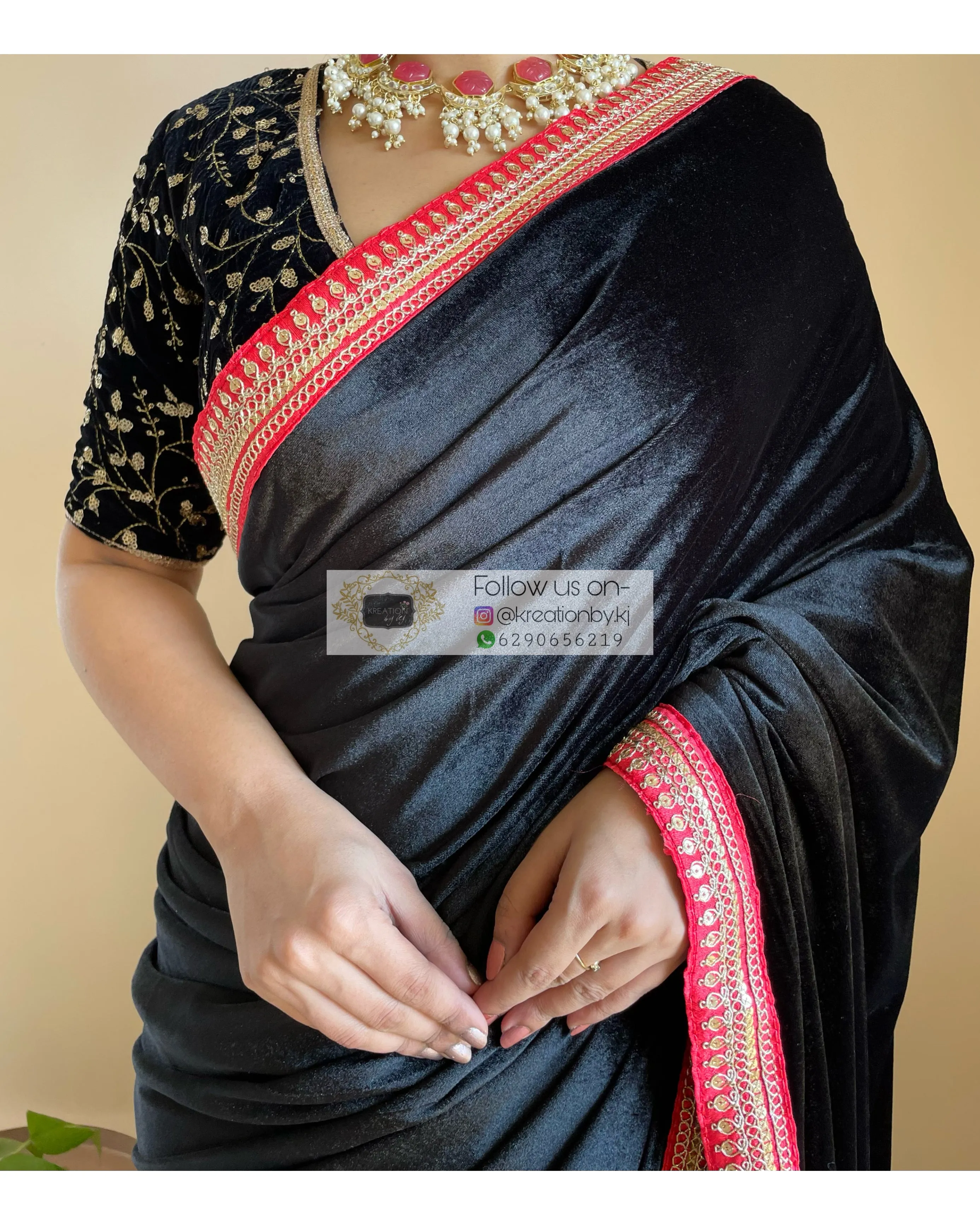 Black Floral Organza Velvet Saree