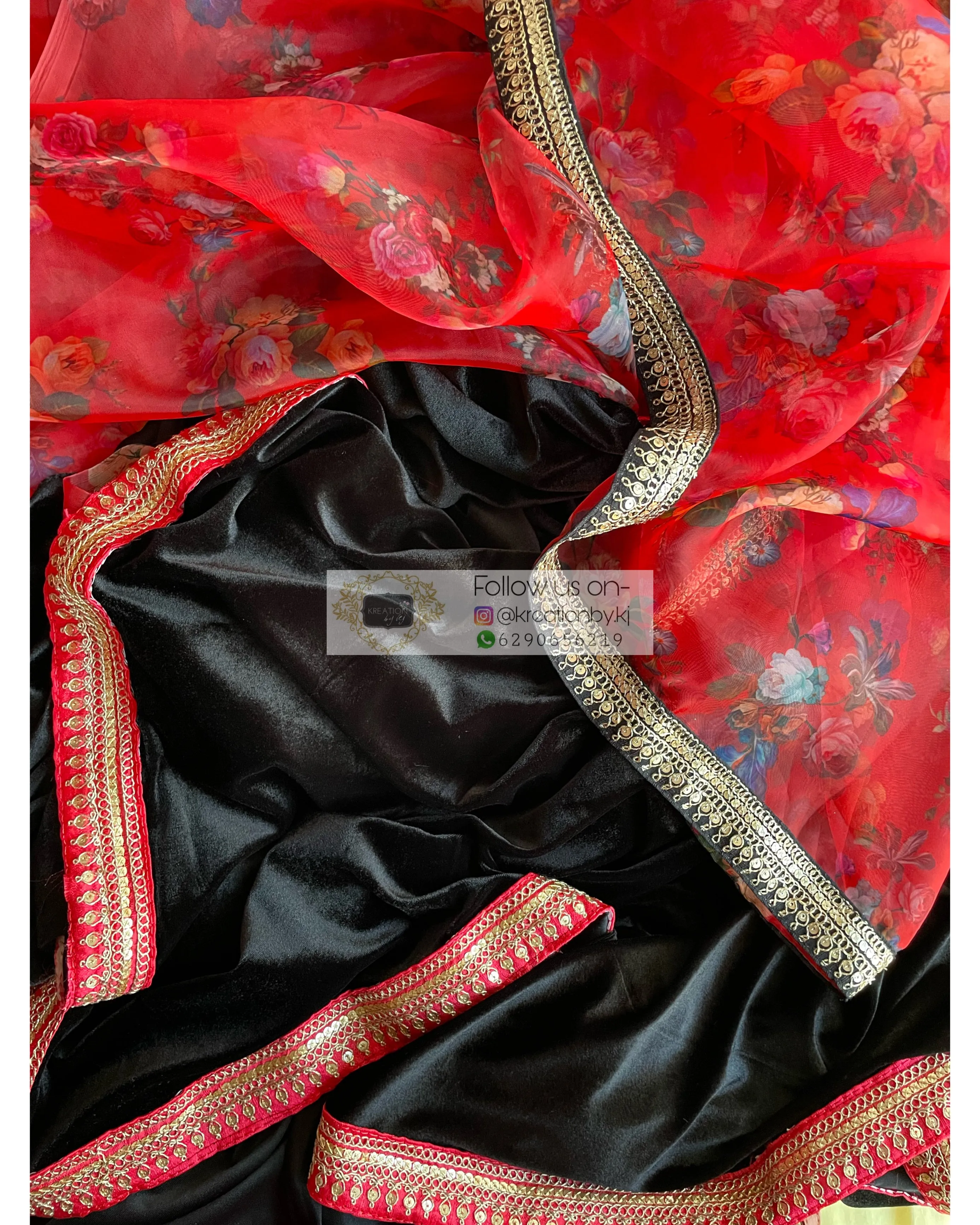 Black Floral Organza Velvet Saree