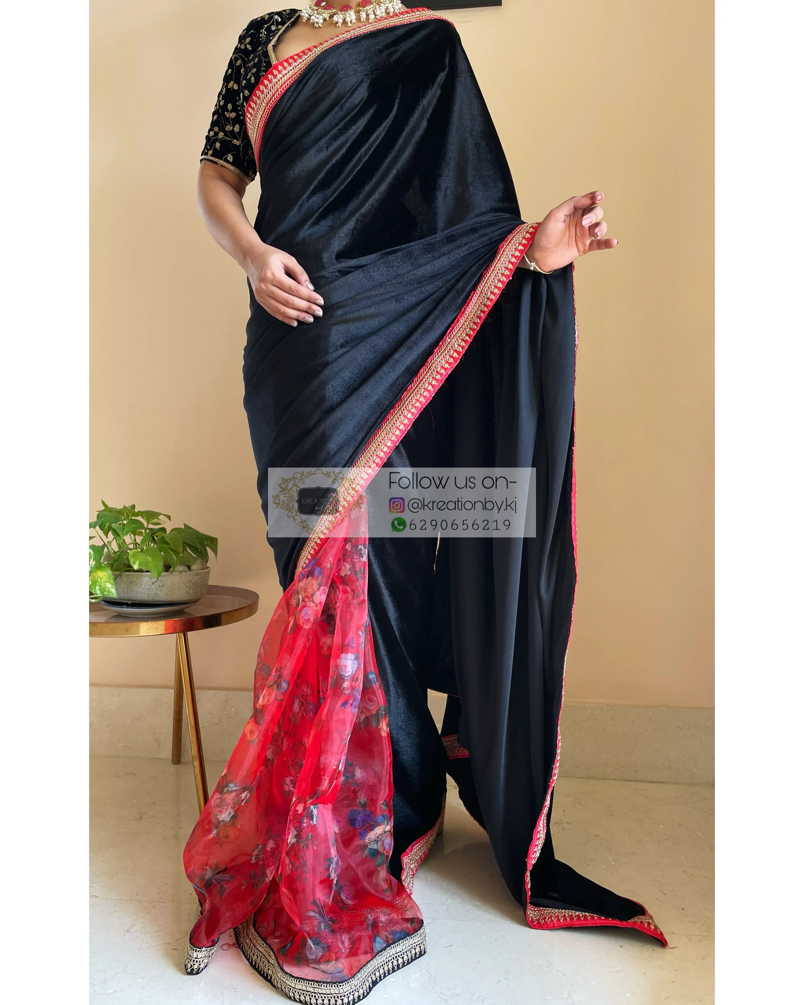 Black Floral Organza Velvet Saree