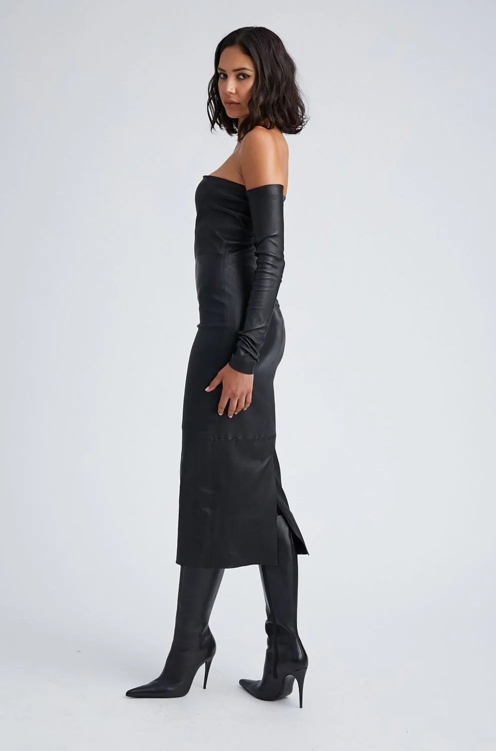 Black Leather Tube Dress With Sleeves