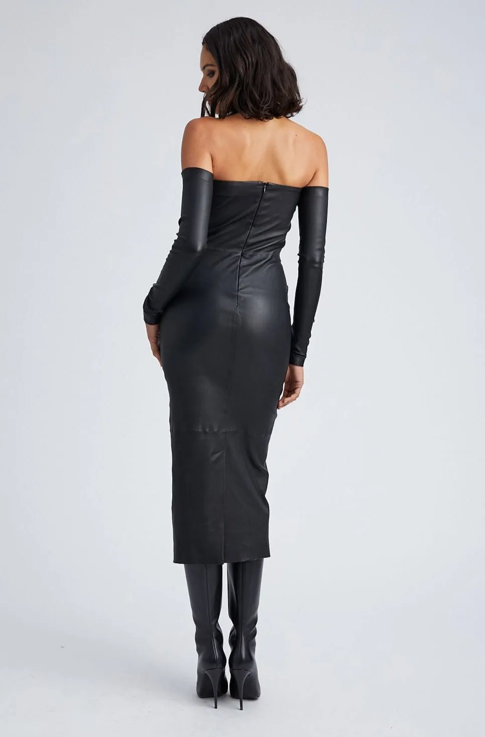 Black Leather Tube Dress With Sleeves