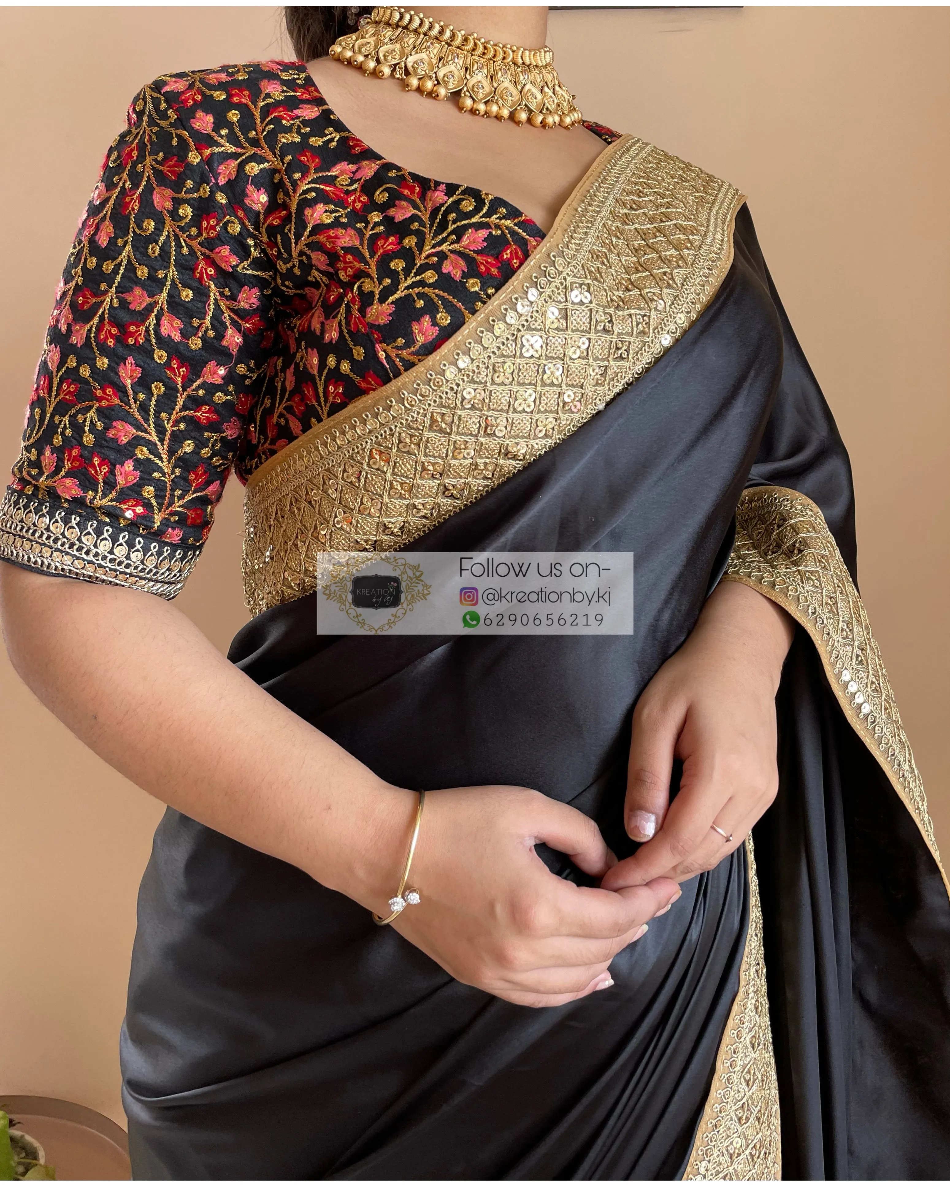 Black Satin Saree with Gold Border