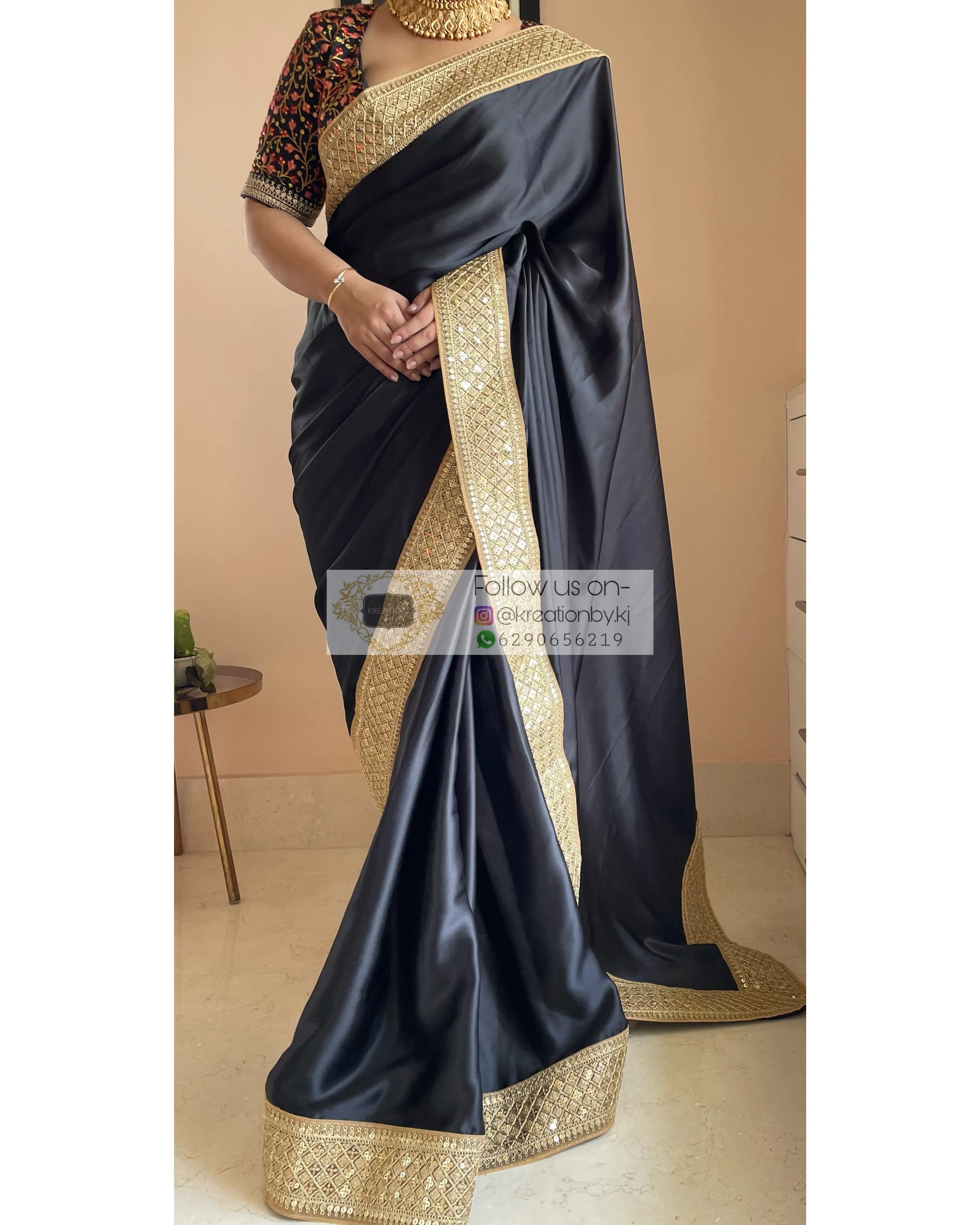 Black Satin Saree with Gold Border