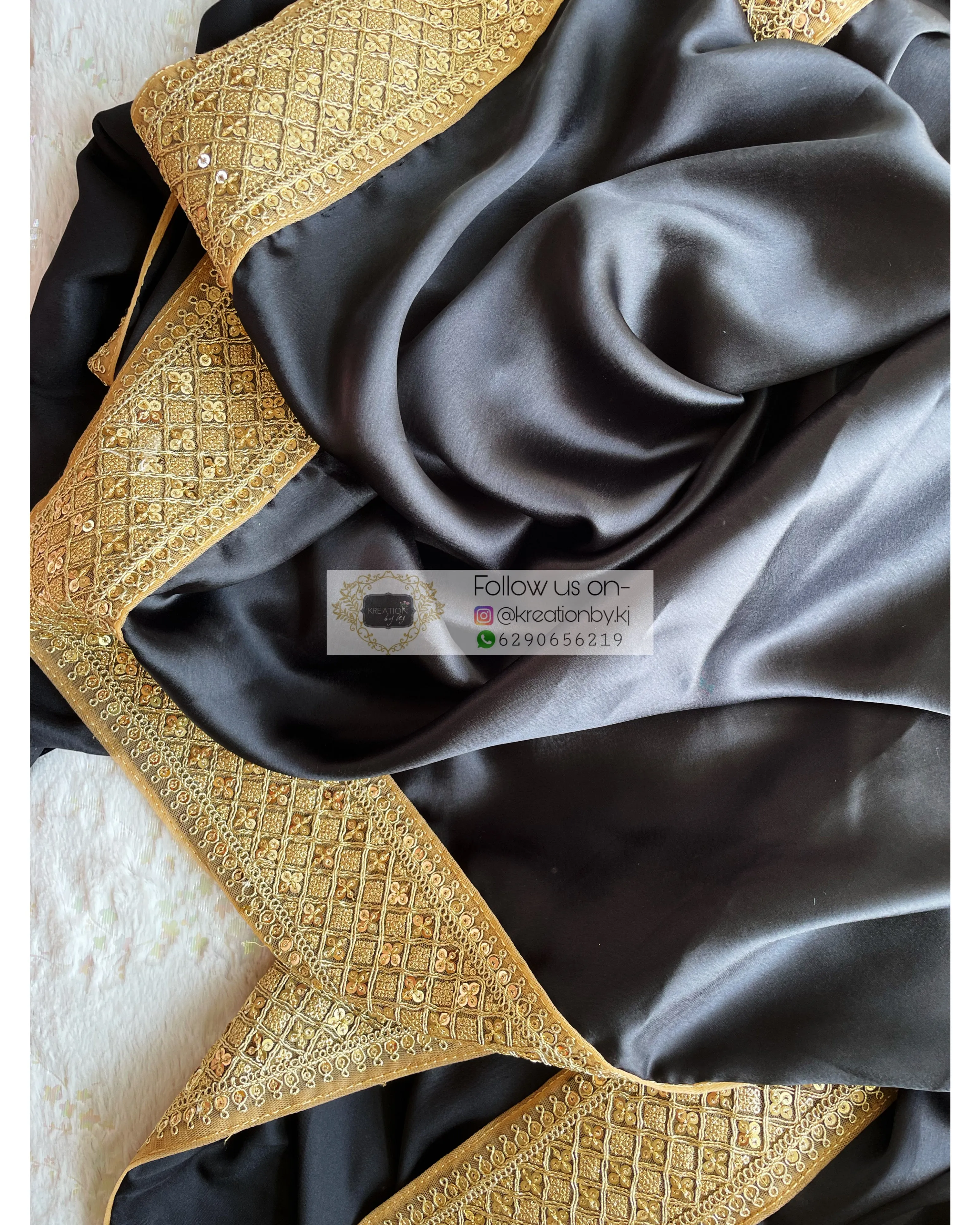 Black Satin Saree with Gold Border