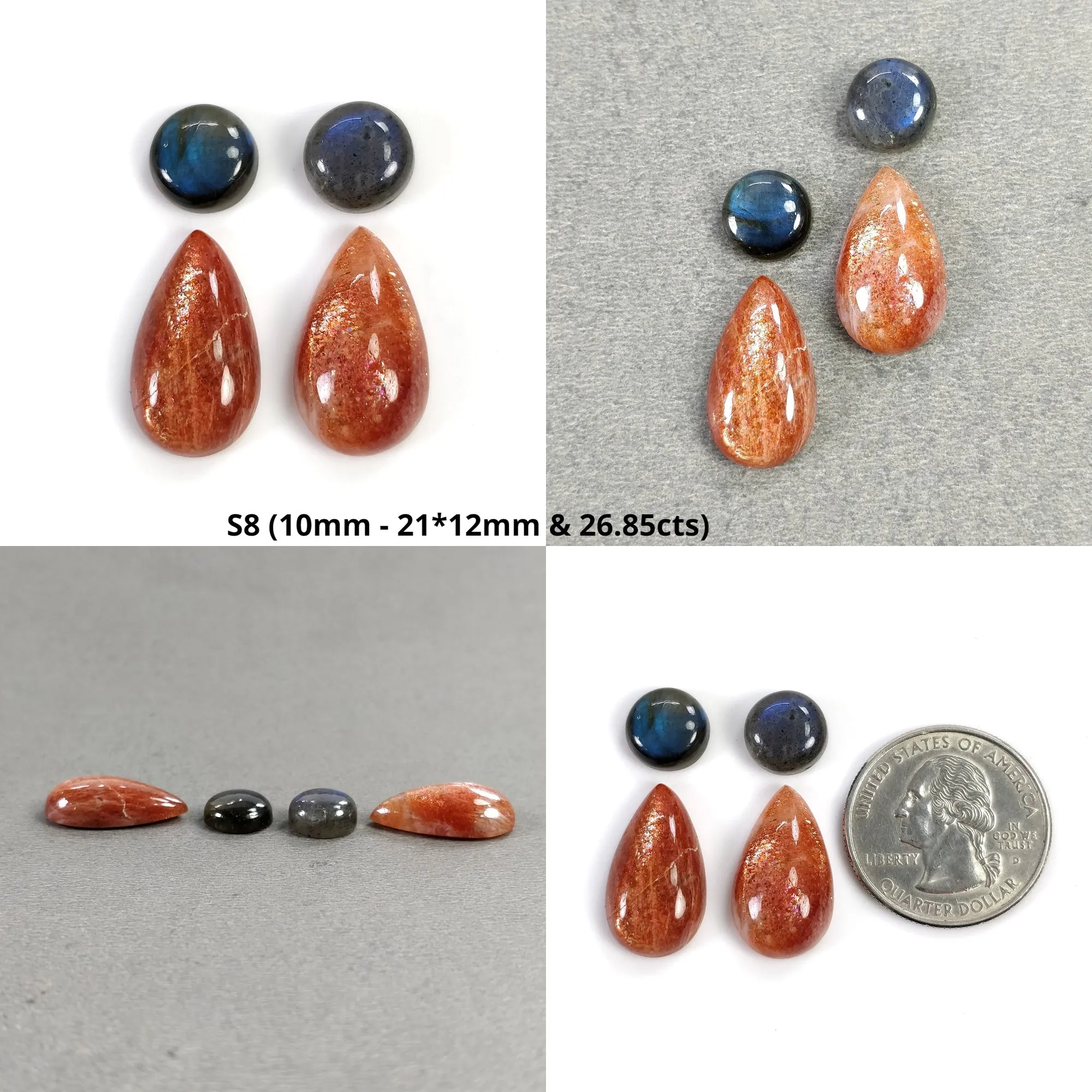 BLUE LABRADORITE And Orange SUNSTONE Gemstone Cabochon : Natural Untreated Labradorite Oval Pear Round Shapes 3pcs 4pcs