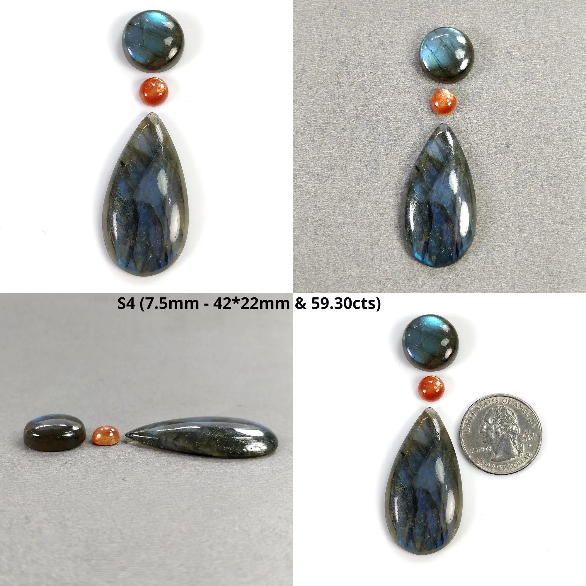 BLUE LABRADORITE And Orange SUNSTONE Gemstone Cabochon : Natural Untreated Labradorite Oval Pear Round Shapes 3pcs 4pcs