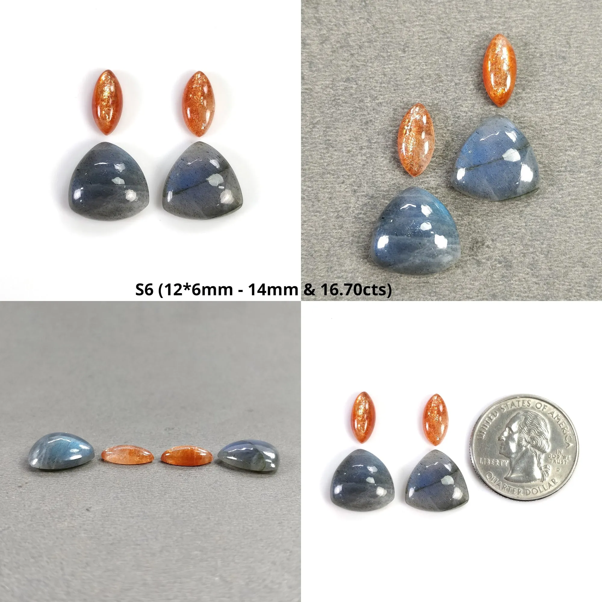 BLUE LABRADORITE And Orange SUNSTONE Gemstone Cabochon : Natural Untreated Labradorite Oval Pear Round Shapes 3pcs 4pcs