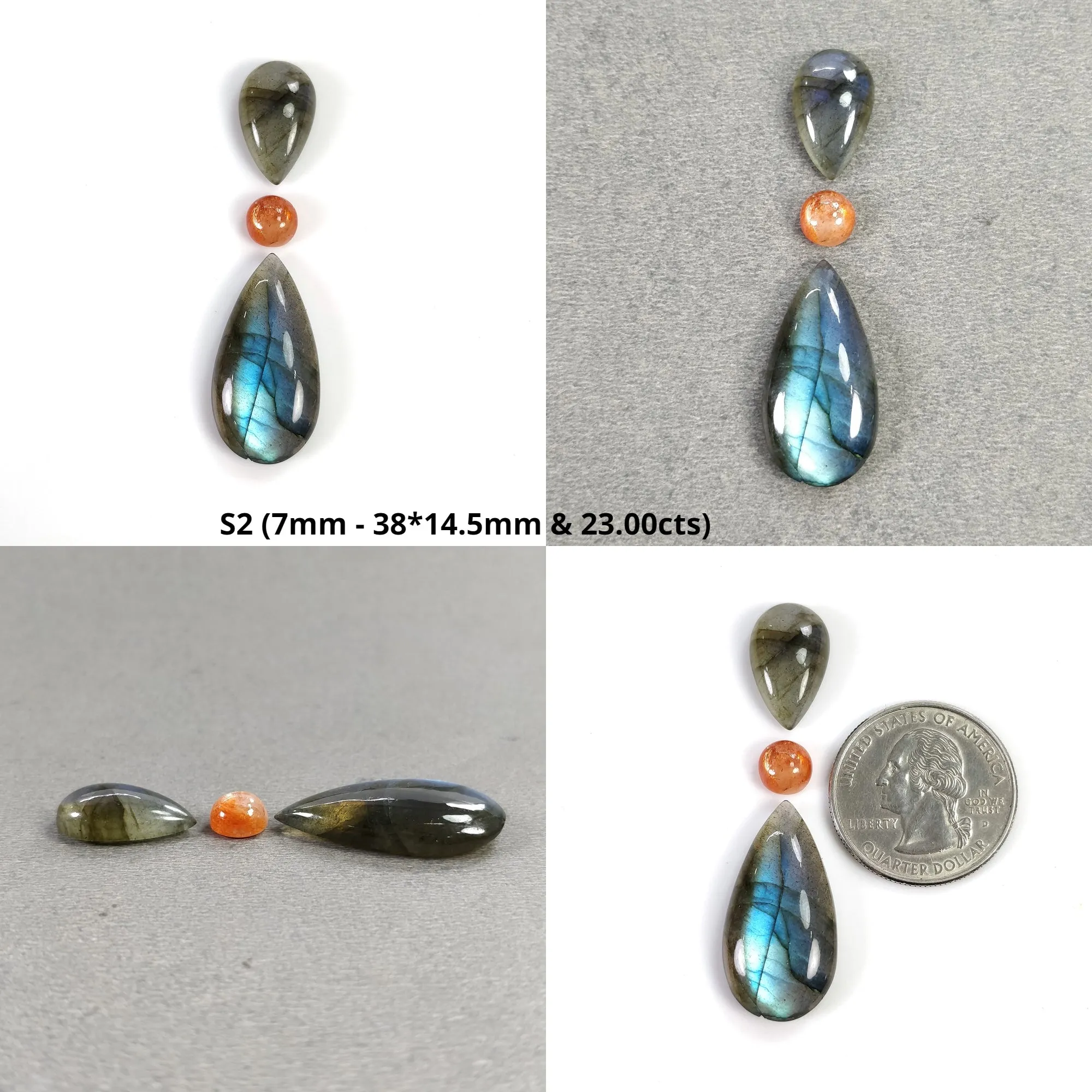 BLUE LABRADORITE And Orange SUNSTONE Gemstone Cabochon : Natural Untreated Labradorite Oval Pear Round Shapes 3pcs 4pcs