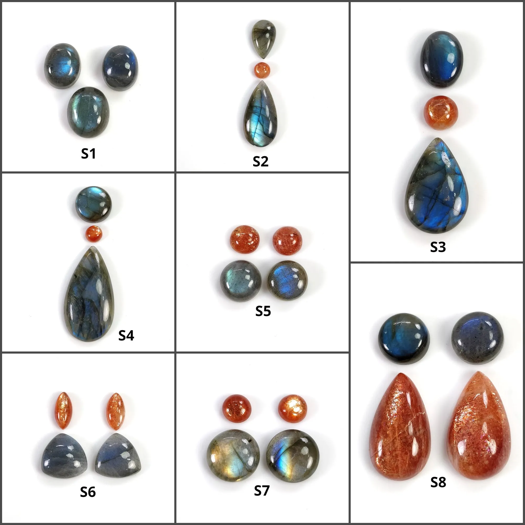 BLUE LABRADORITE And Orange SUNSTONE Gemstone Cabochon : Natural Untreated Labradorite Oval Pear Round Shapes 3pcs 4pcs