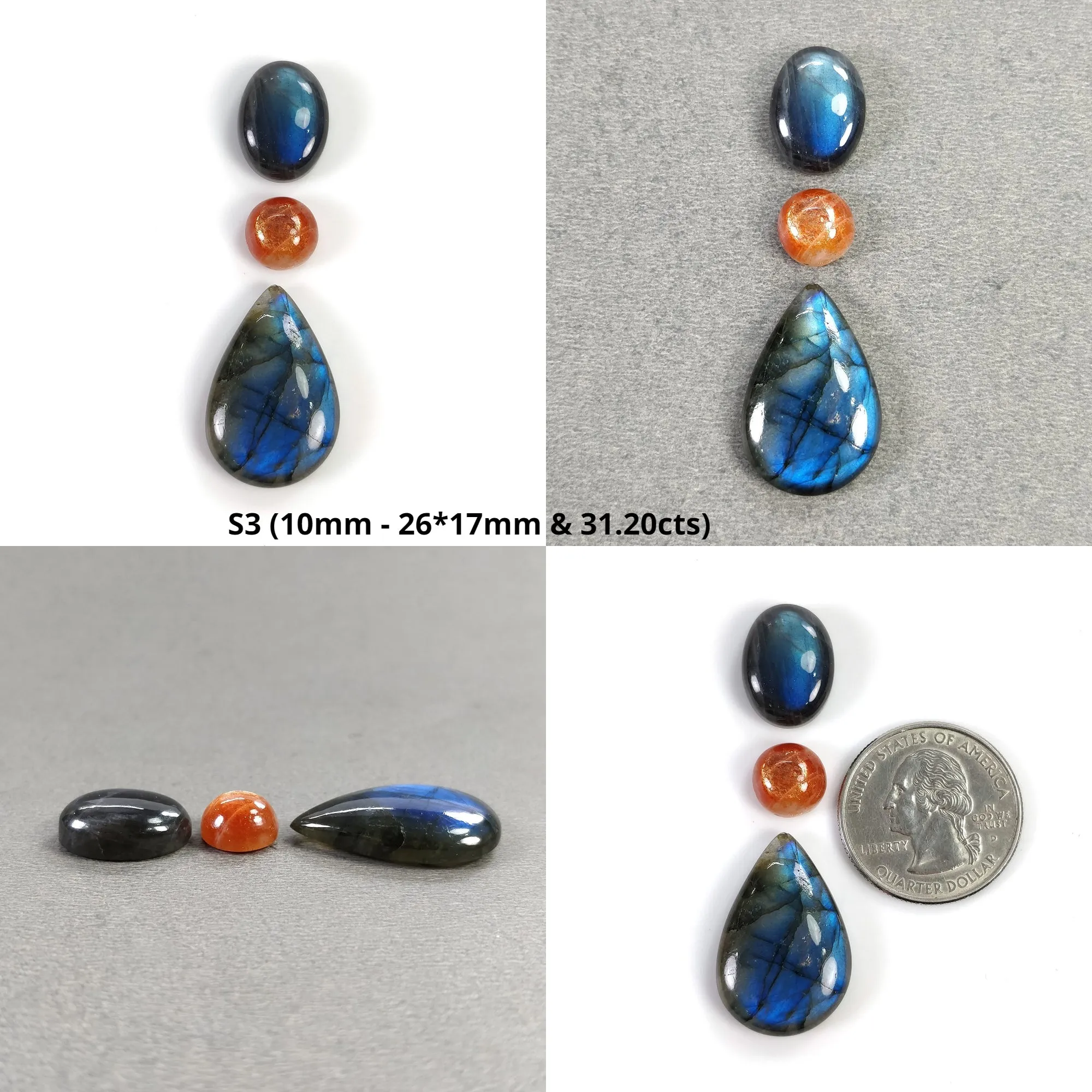 BLUE LABRADORITE And Orange SUNSTONE Gemstone Cabochon : Natural Untreated Labradorite Oval Pear Round Shapes 3pcs 4pcs