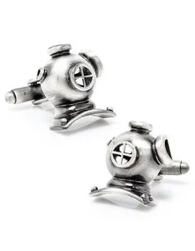 Deep Sea Scuba Diver Helmet Cufflinks - Antique Silver Finish - Bullet Back