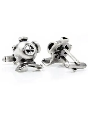 Deep Sea Scuba Diver Helmet Cufflinks - Antique Silver Finish - Bullet Back