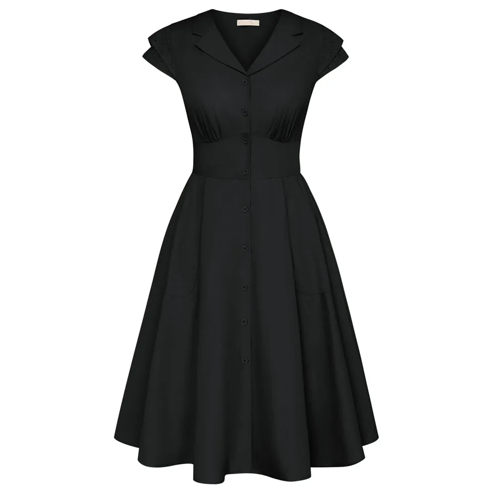 Fans Look of 1940s Vintage Dress Collar V Neck Button Down Dress Cap Sleeve Dress with Pockets