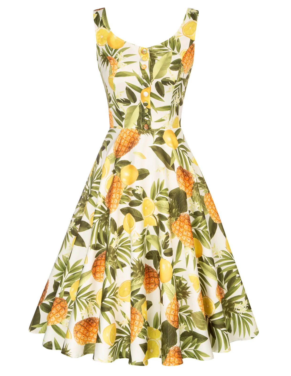 Fans Look of 1950s Vintage Sleeveless Pineapple Pattern A-Line Dress