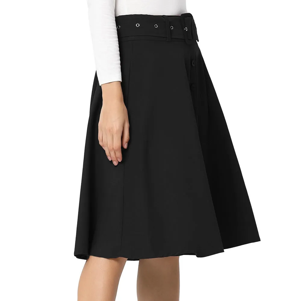 Fans Look of Solid Color Buttons Decorated Flared A-Line Skirt With Belt & Pockets