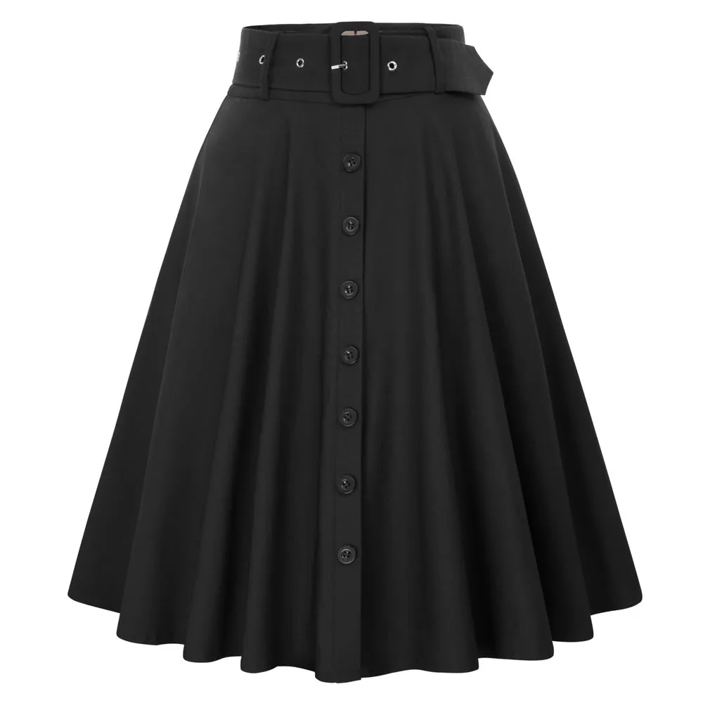 Fans Look of Solid Color Buttons Decorated Flared A-Line Skirt With Belt & Pockets