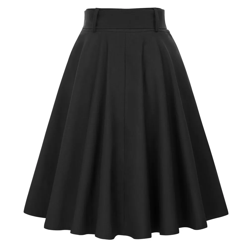 Fans Look of Solid Color Buttons Decorated Flared A-Line Skirt With Belt & Pockets