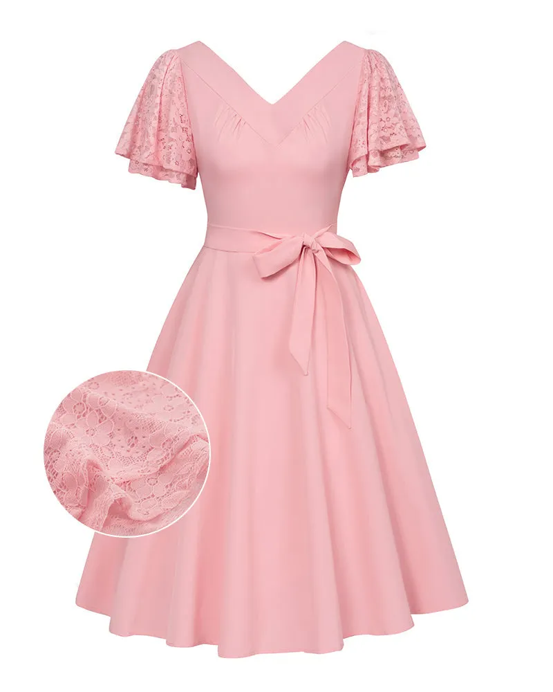 Fans Look of Summer Short Puff Sleeve Cocktail Dress Vintage V-Neck A Line Swing Dresses with Belts