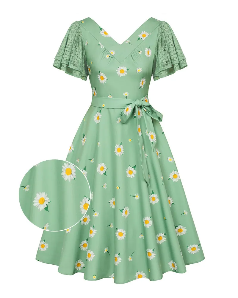 Fans Look of Summer Short Puff Sleeve Cocktail Dress Vintage V-Neck A Line Swing Dresses with Belts