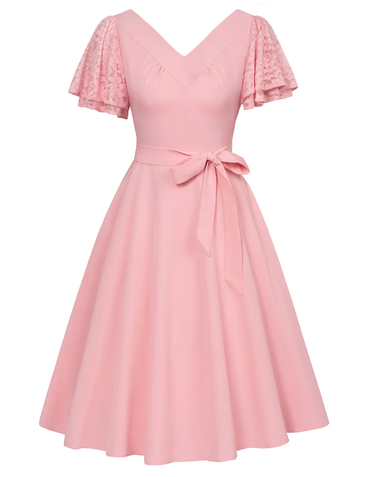 Fans Look of Summer Short Puff Sleeve Cocktail Dress Vintage V-Neck A Line Swing Dresses with Belts