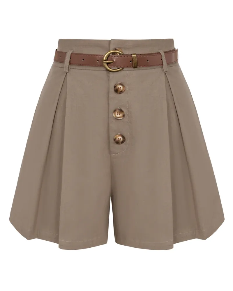 Fans Look of Vintage Cotton Shorts with Belt Elastic High Waist Wide Leg Shorts