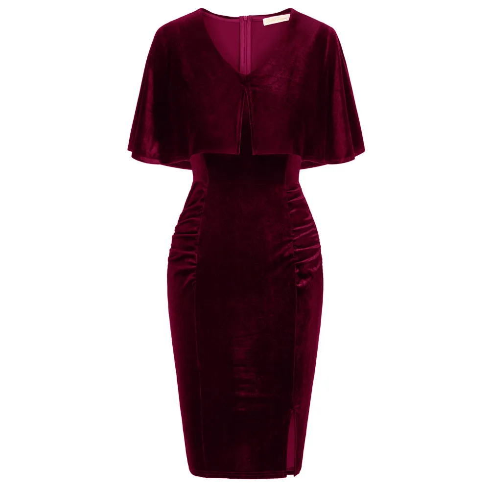 Fans Look of Vintage Velvet Dress Cape Sleeve V-Neck Ruched Bodycon Dress