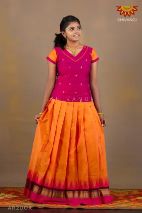 Girls Orange Chettinad temple Cotton Pavadai Set