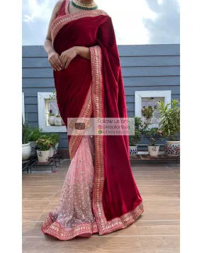 Half Velvet Half Net Maroon Saree