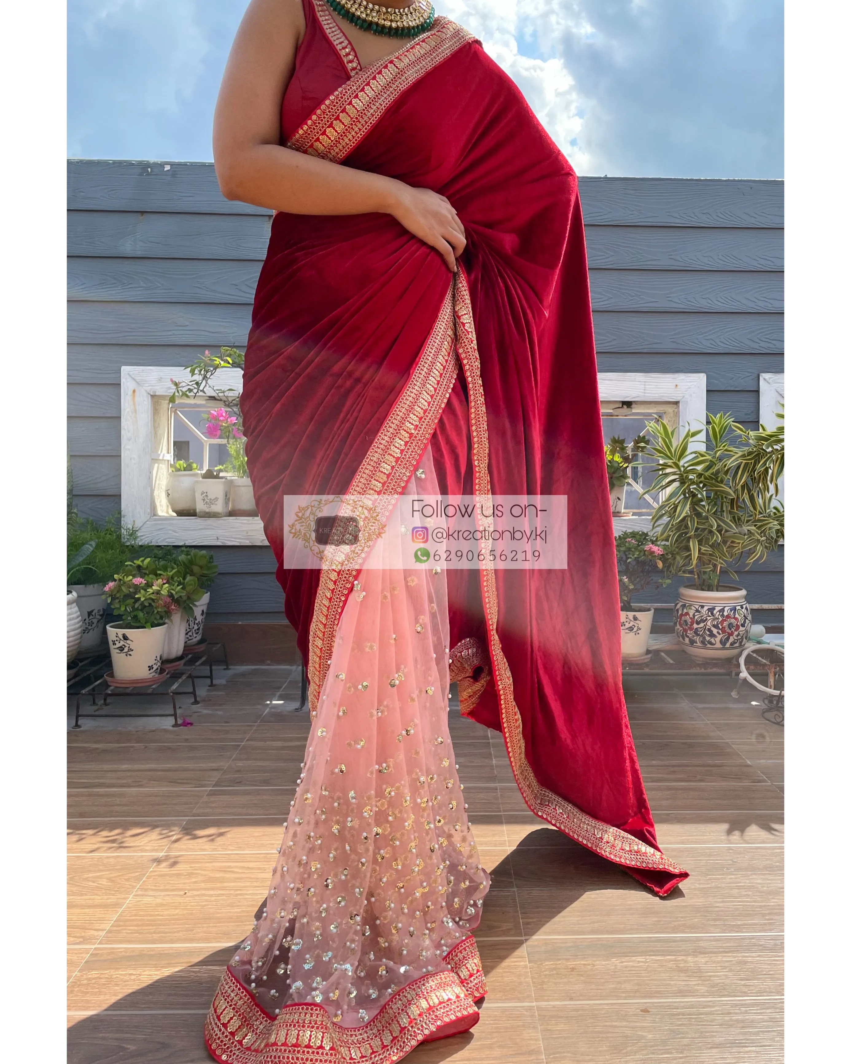 Half Velvet Half Net Maroon Saree