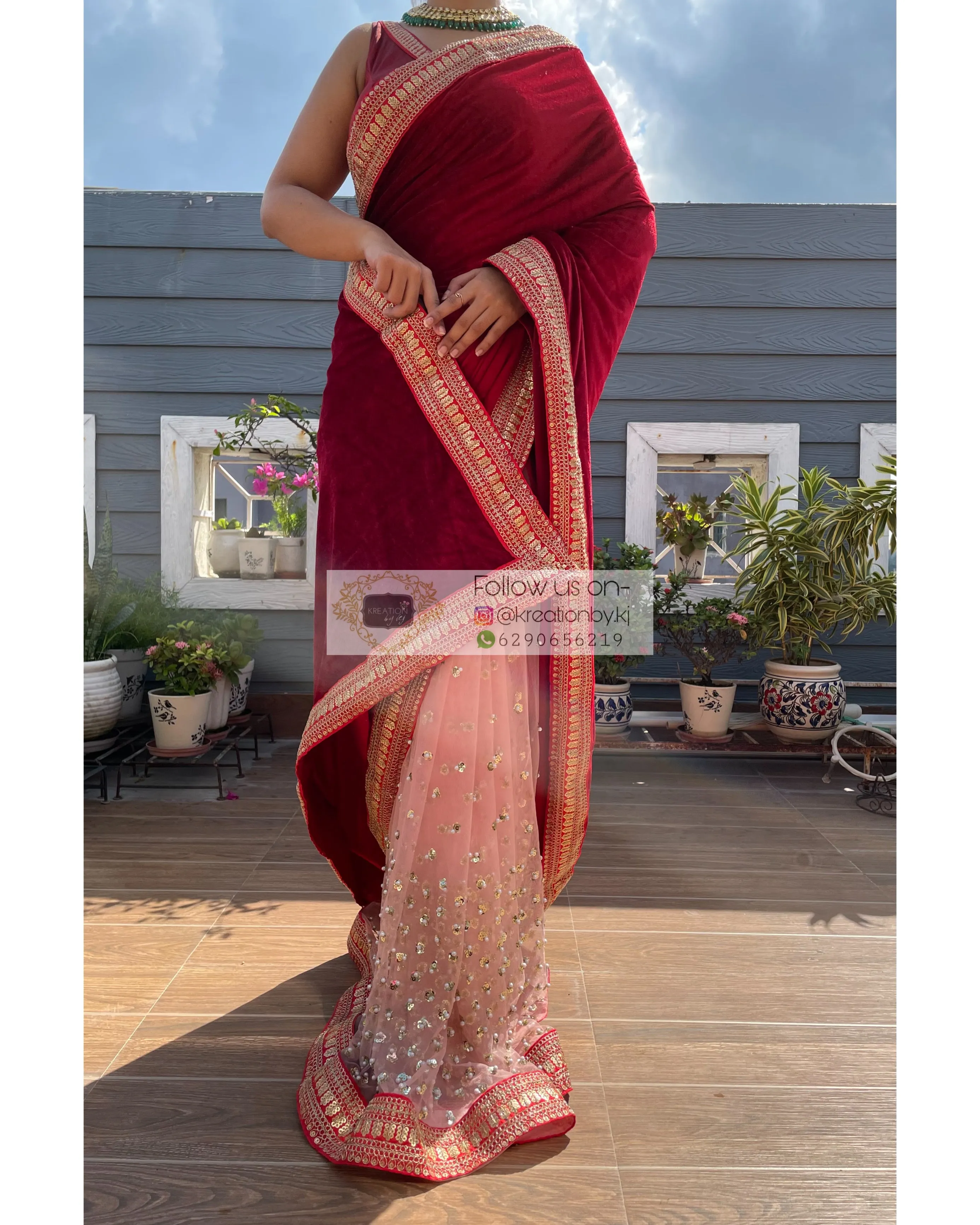 Half Velvet Half Net Maroon Saree