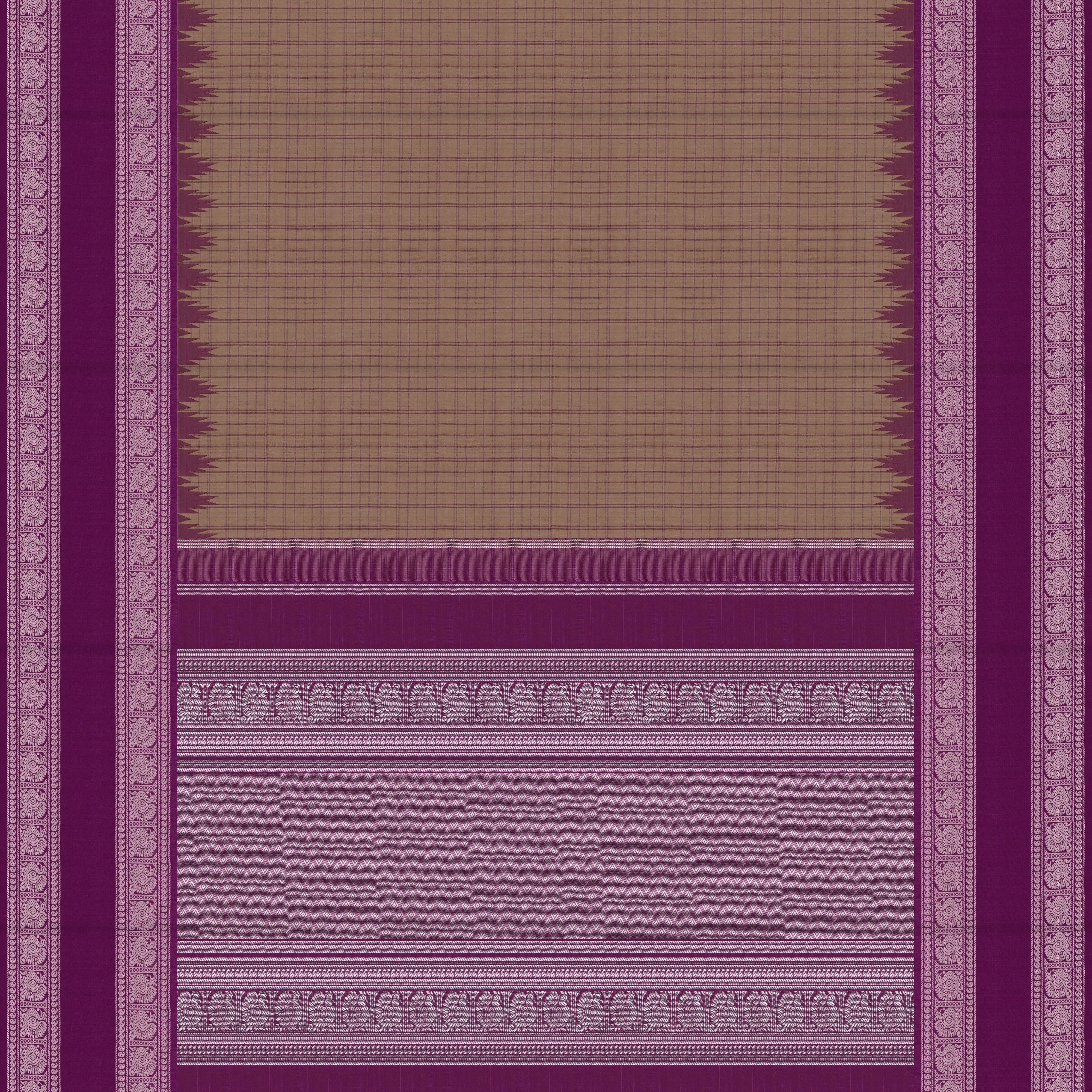 Handwoven Beige with Violet Kanchipuram Silk Cotton Saree - 2180T010890DSC