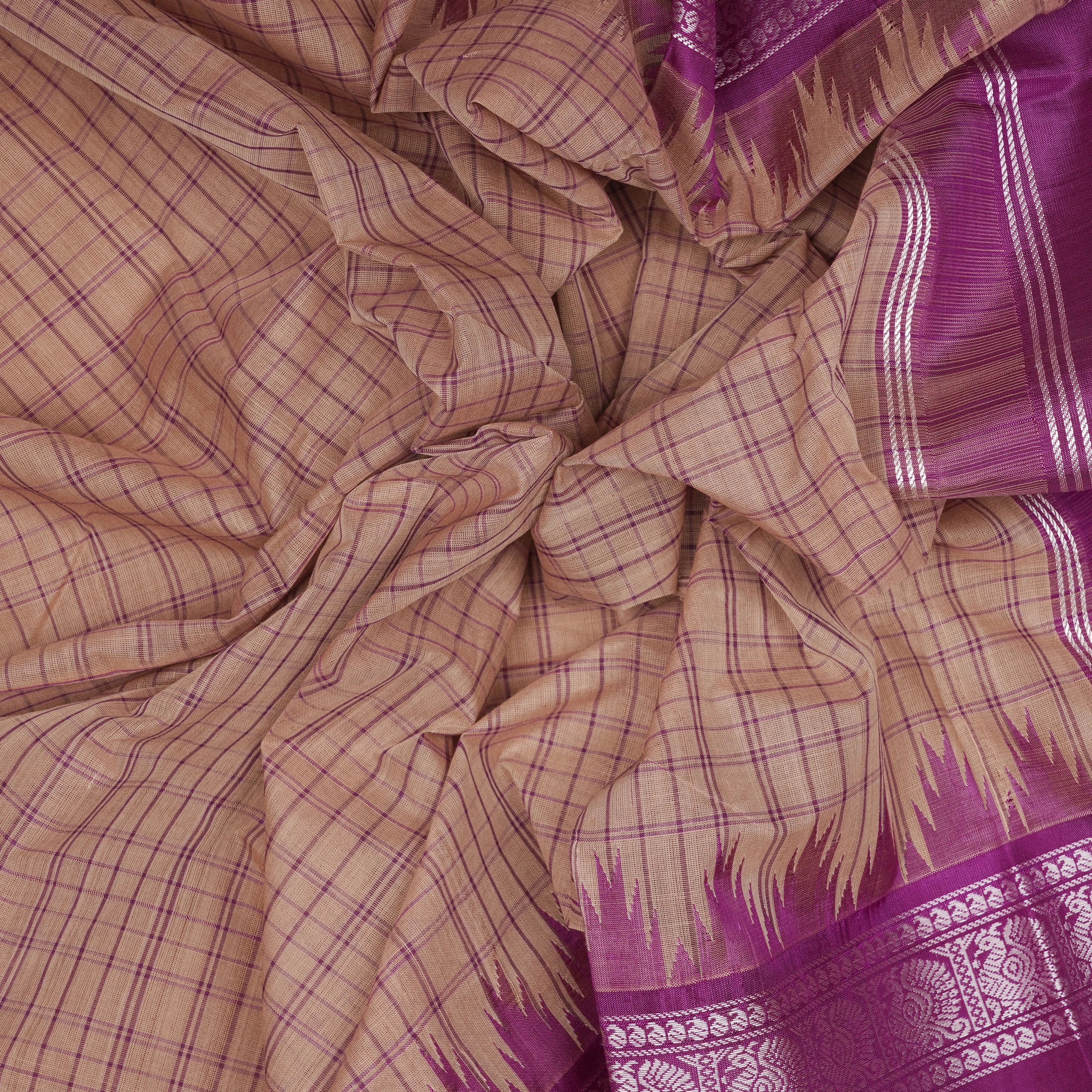 Handwoven Beige with Violet Kanchipuram Silk Cotton Saree - 2180T010890DSC