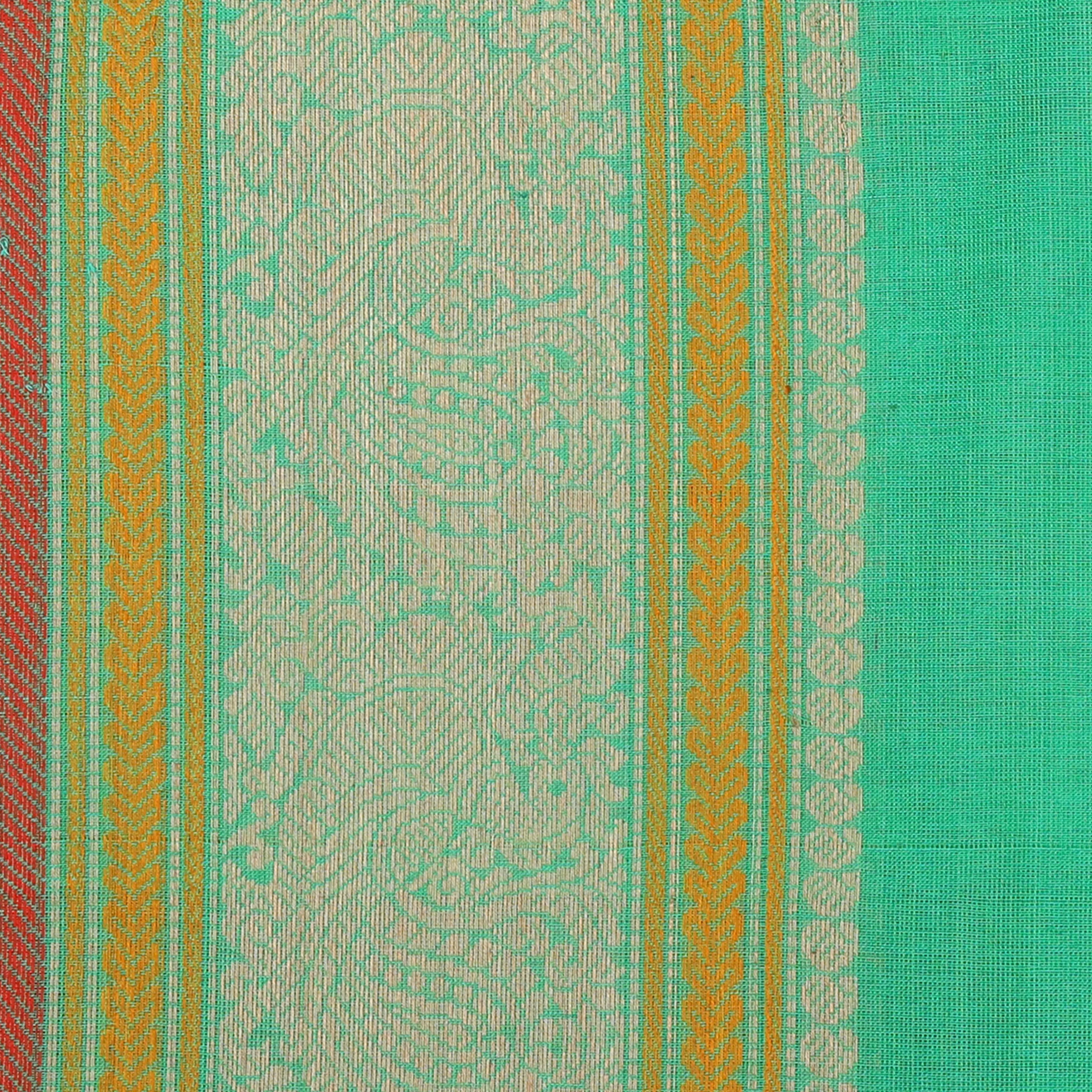 Handwoven Green with Orange and Red Kanjivaram Cotton Saree - 997T001875DSC