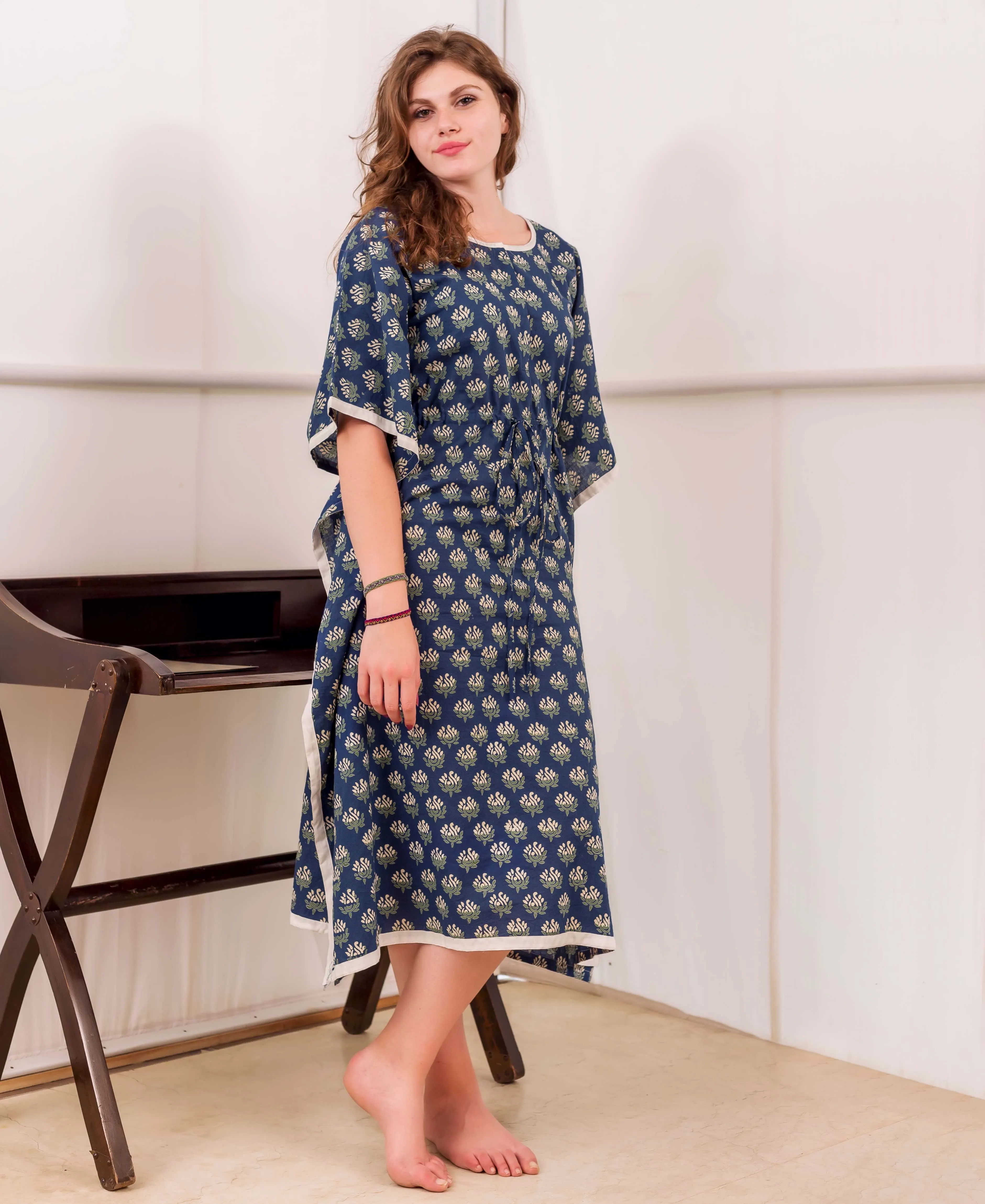 Indigo and White Block Printed Calf Length Kaftan